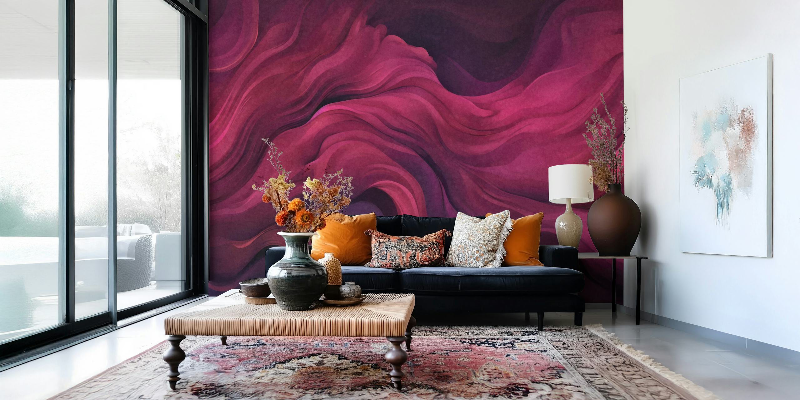 Velvet Flow Deep Magenta Watercolor wallpaper en la habitación