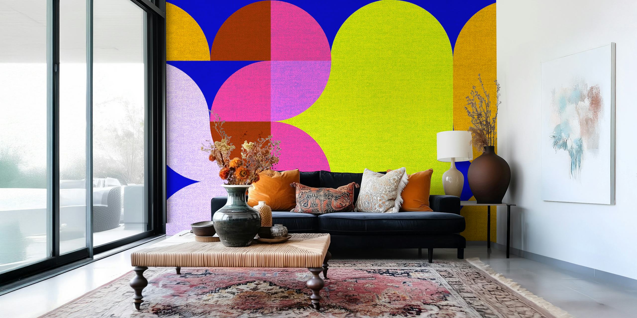 Abstract mid-century modern Bauhaus-inspired wall mural with neon color palette