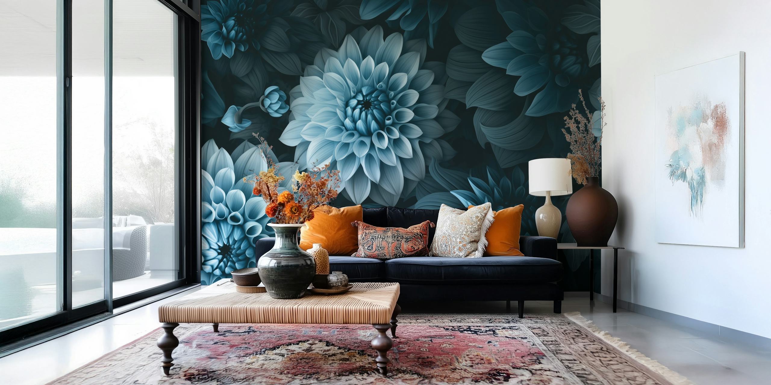 Ylellinen Moody Dahlia Flowers -seinämaalaus, jossa on täyteläisiä sinivihreitä ja sinisiä sävyjä