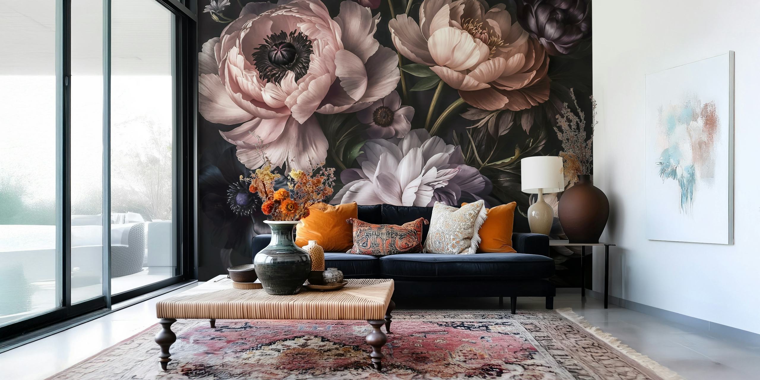 Dark moody baroque floral wall mural with smoky pink and peach blooms