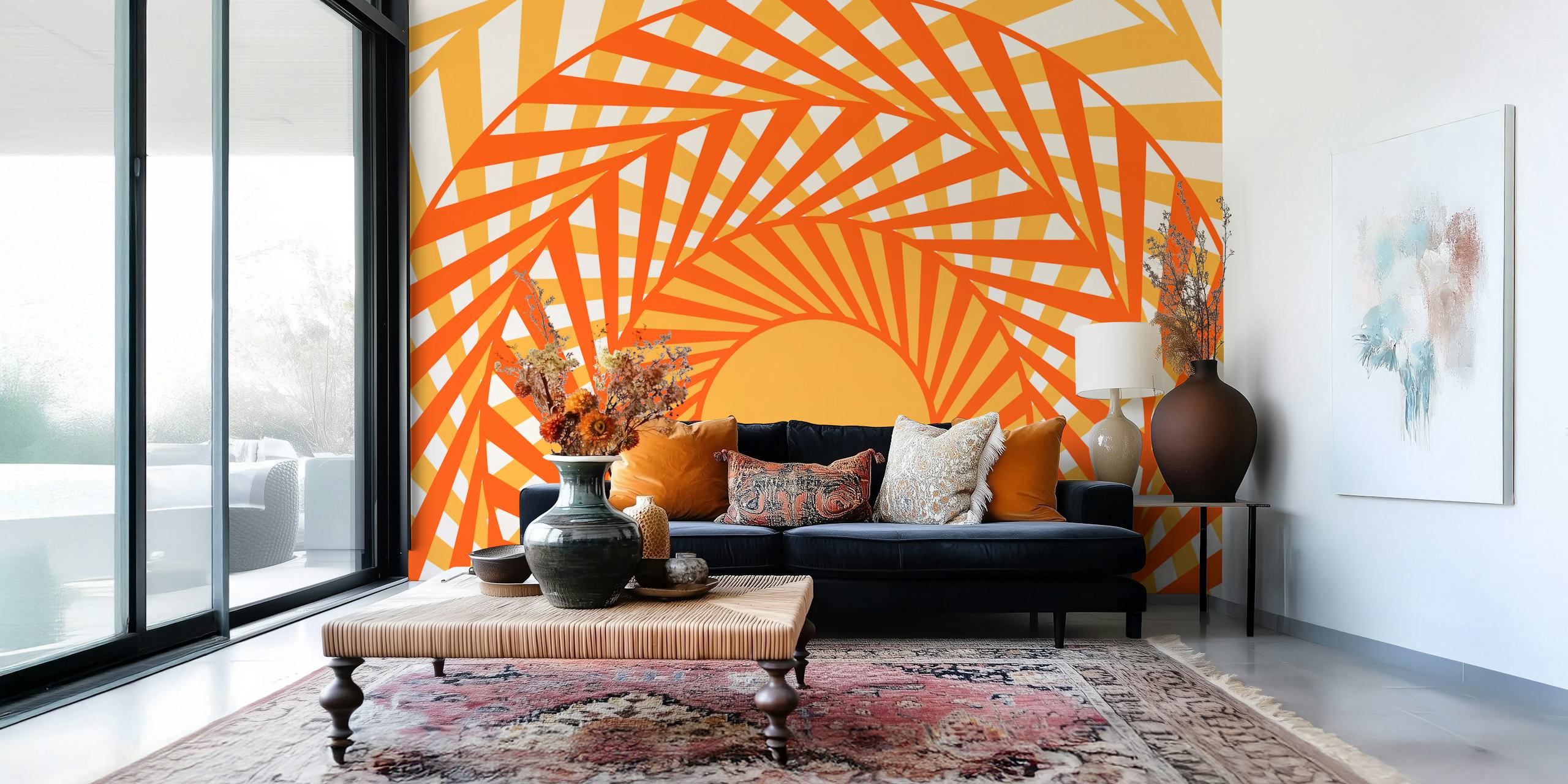 Orange and white geometric pattern wallpaper