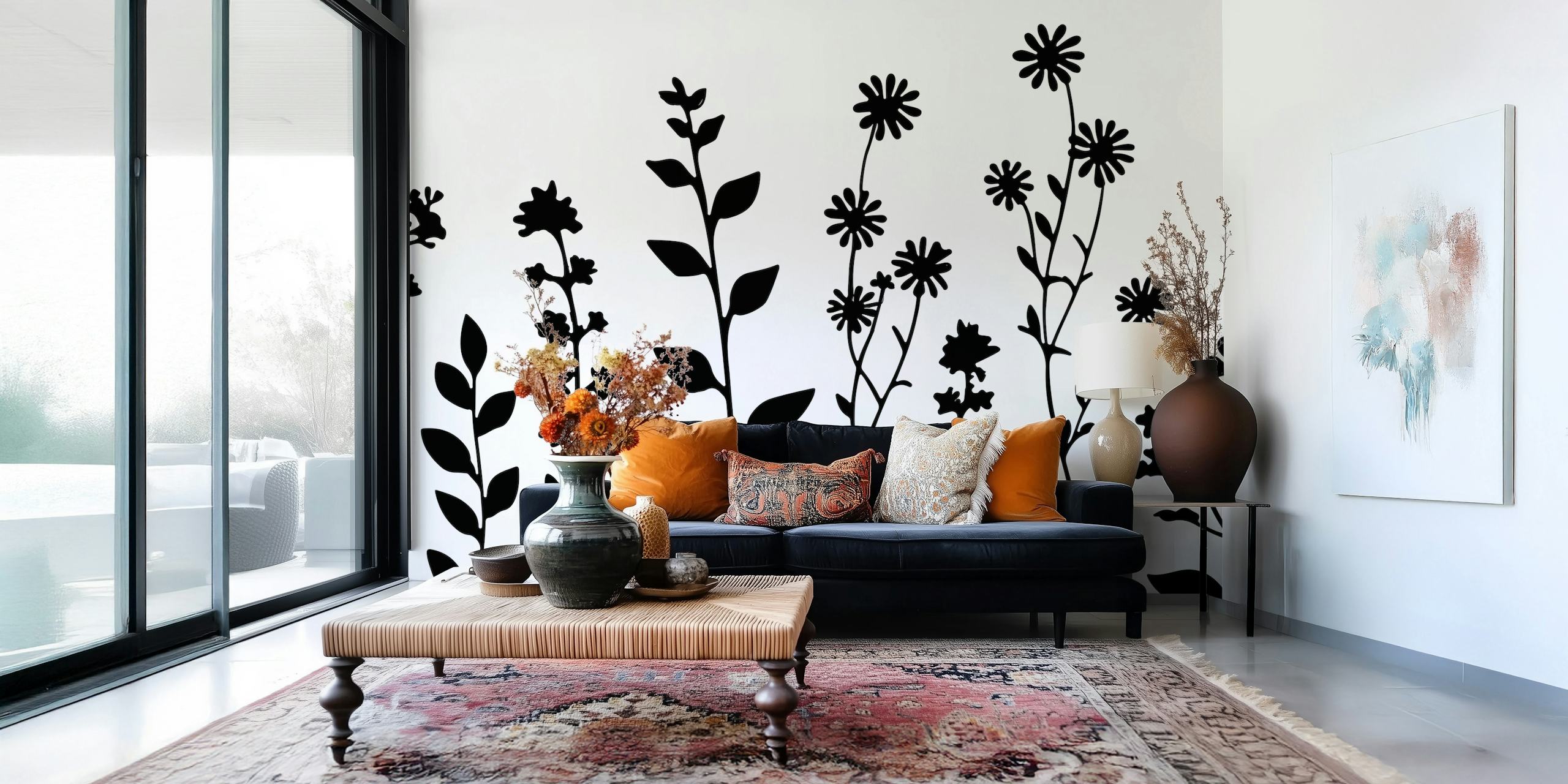 Black and white floral design featuring various wildflowers wallpaper