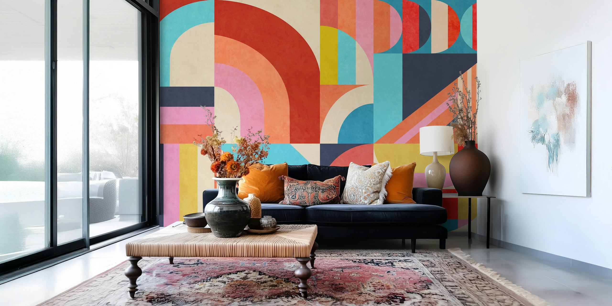 Apstraktni geometrijski zidni mural s mješavinom toplih i hladnih tonova