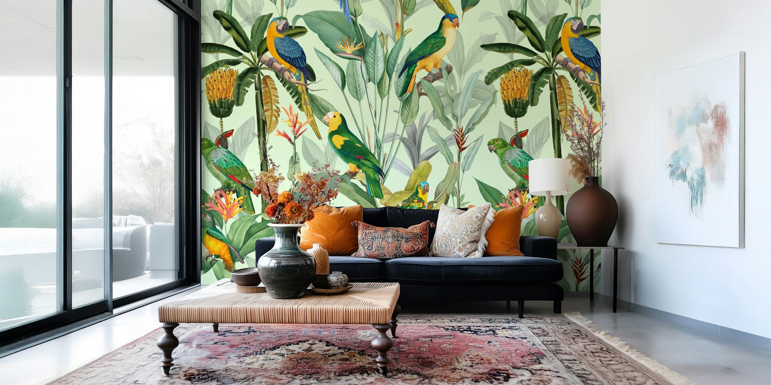 Colorful tropical parrots and greenery pattern wallpaper