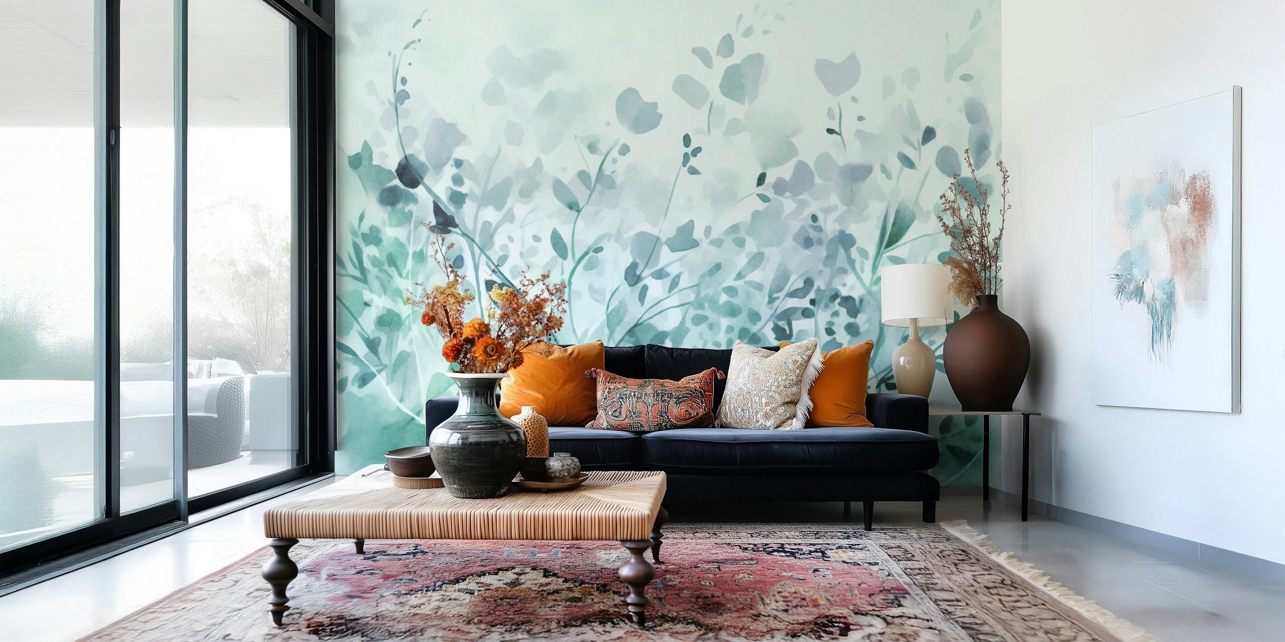 Teal watercolor floral design with leaves and stems wallpaper
