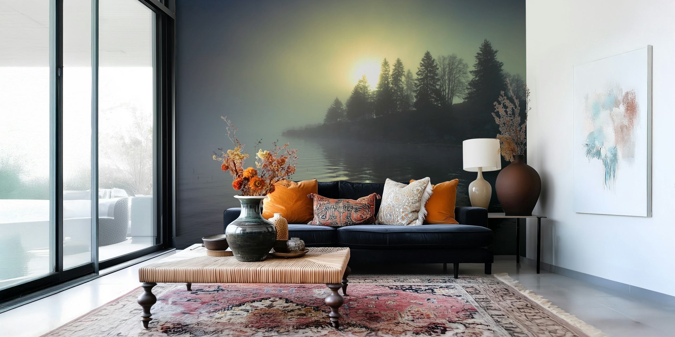 Zidna slika koja prikazuje maglovitu zoru uz jezero s drvećem