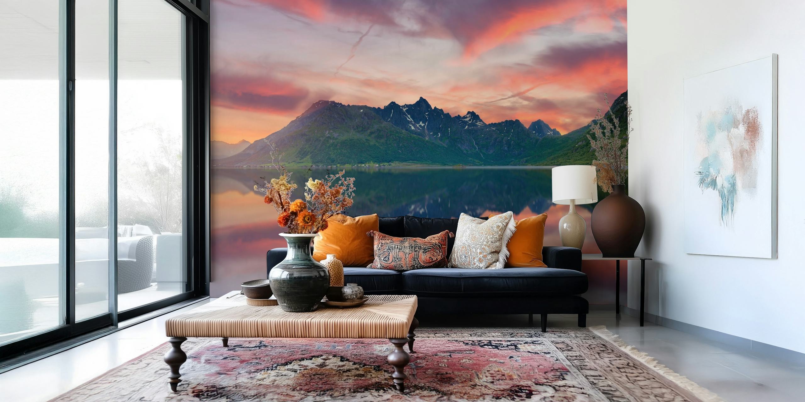 Norwegian landscape with mountains and sunset colors wallpaper