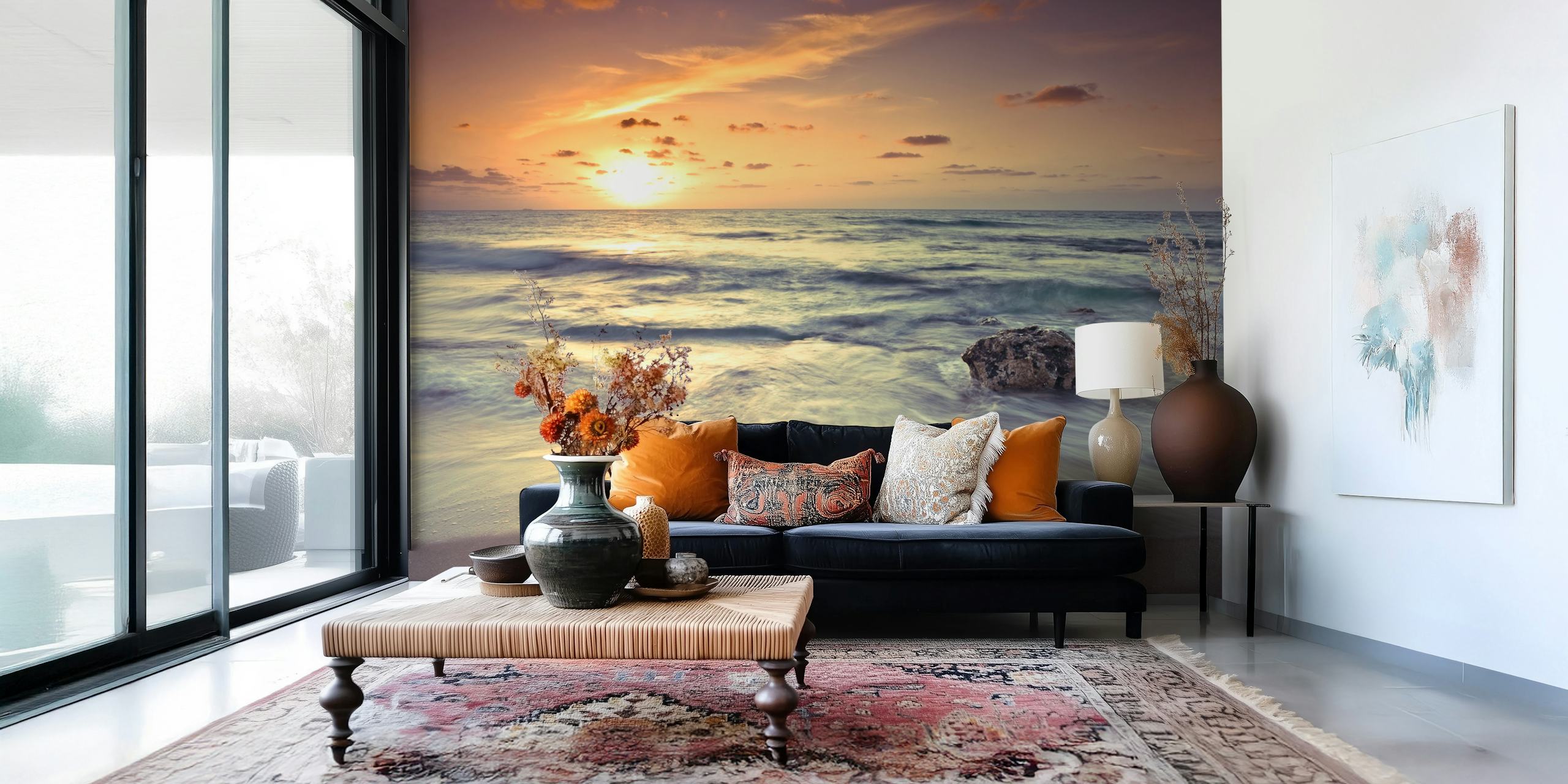 Beach sunset with waves and rock in golden hues wallpaper