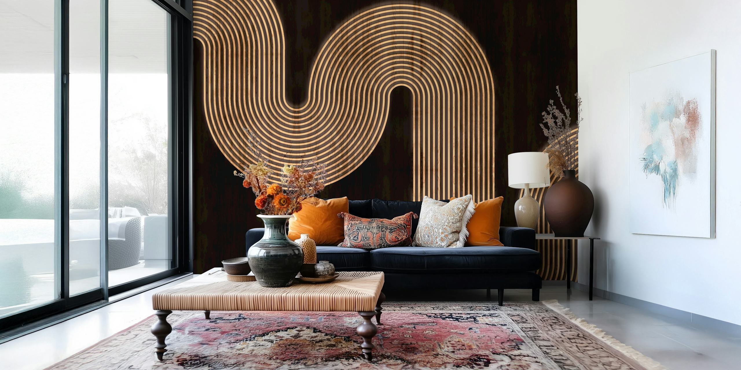 Curved wood lines on black background wallpaper