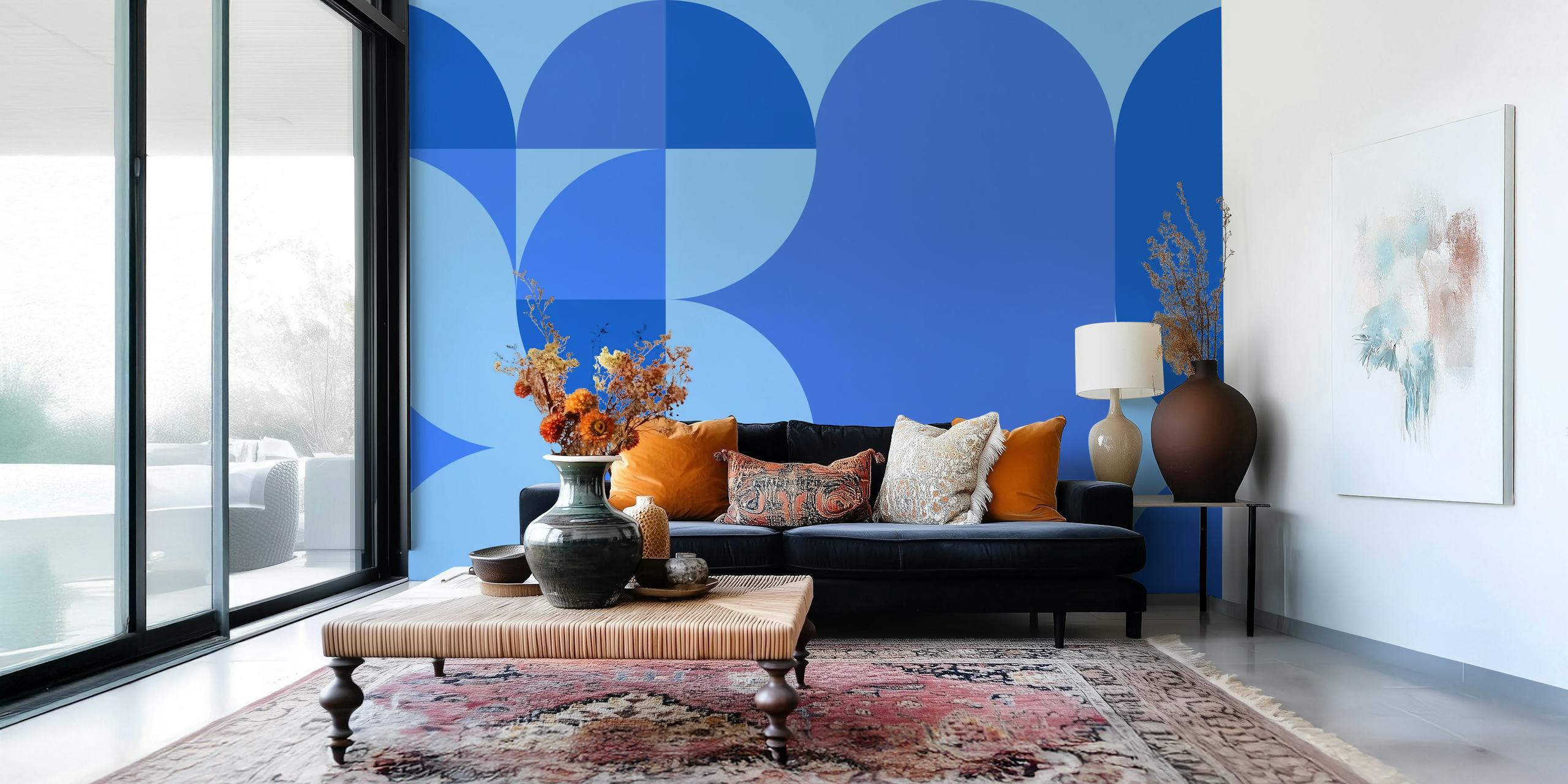 Bauhaus modrý geometrický design tapeta v pokoji