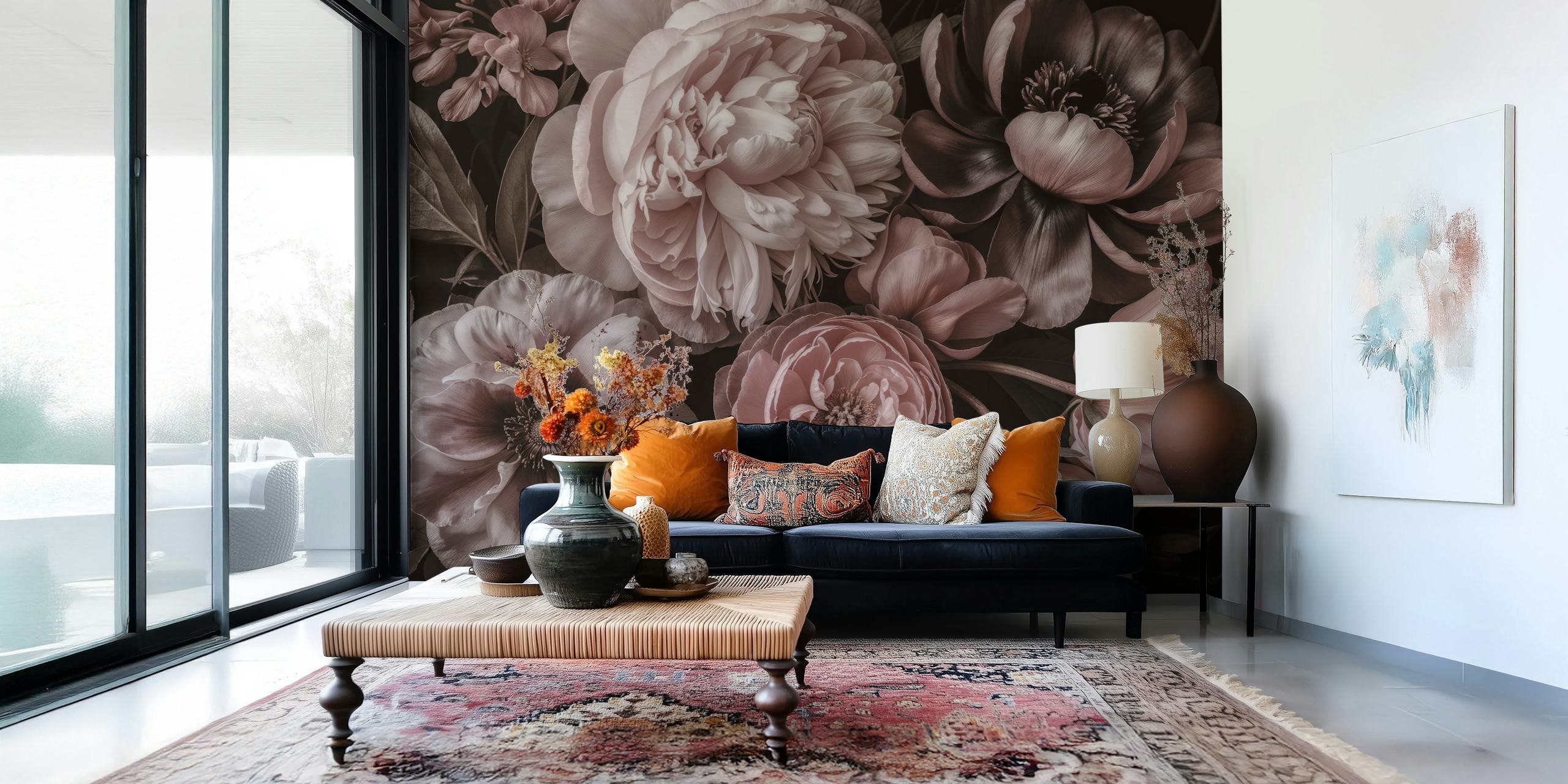 Fototapeta Blush Pink Moody Baroque Blooms s detailními květinovými vzory v růžových a šedých tónech.