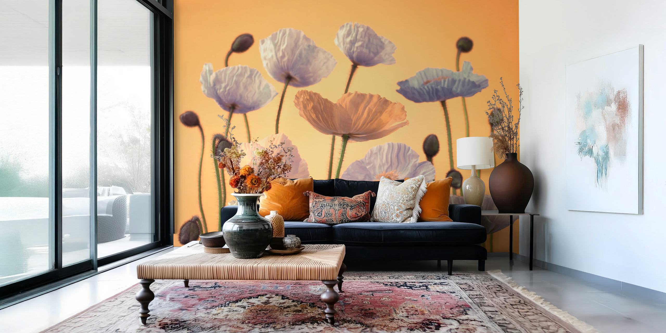 Pastel colored flowers on a warm orange background wallpaper