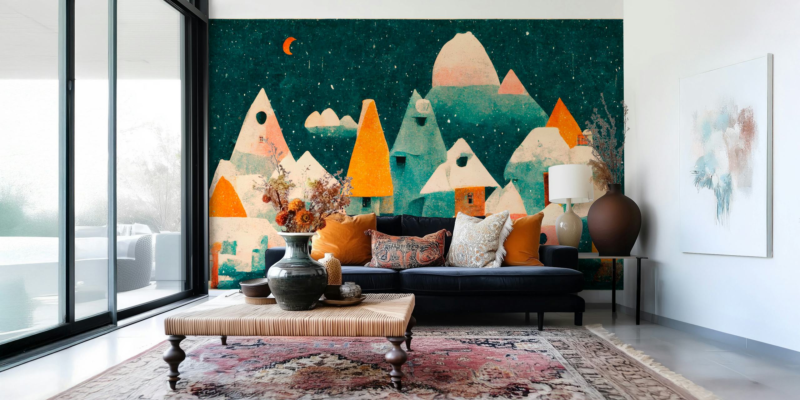 A stylized wall mural depicting a charming snow-covered village under a starry night sky with a crescent moon