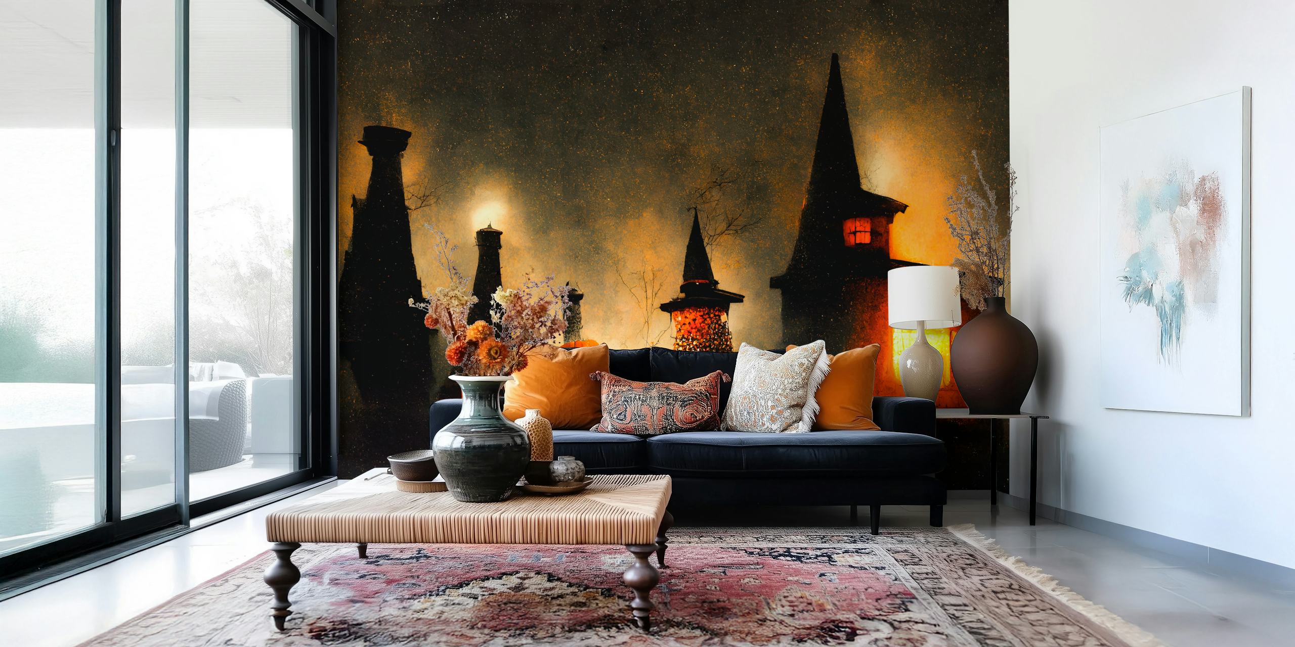 Fantasy witch village wall mural with moonlit shadowy cottages