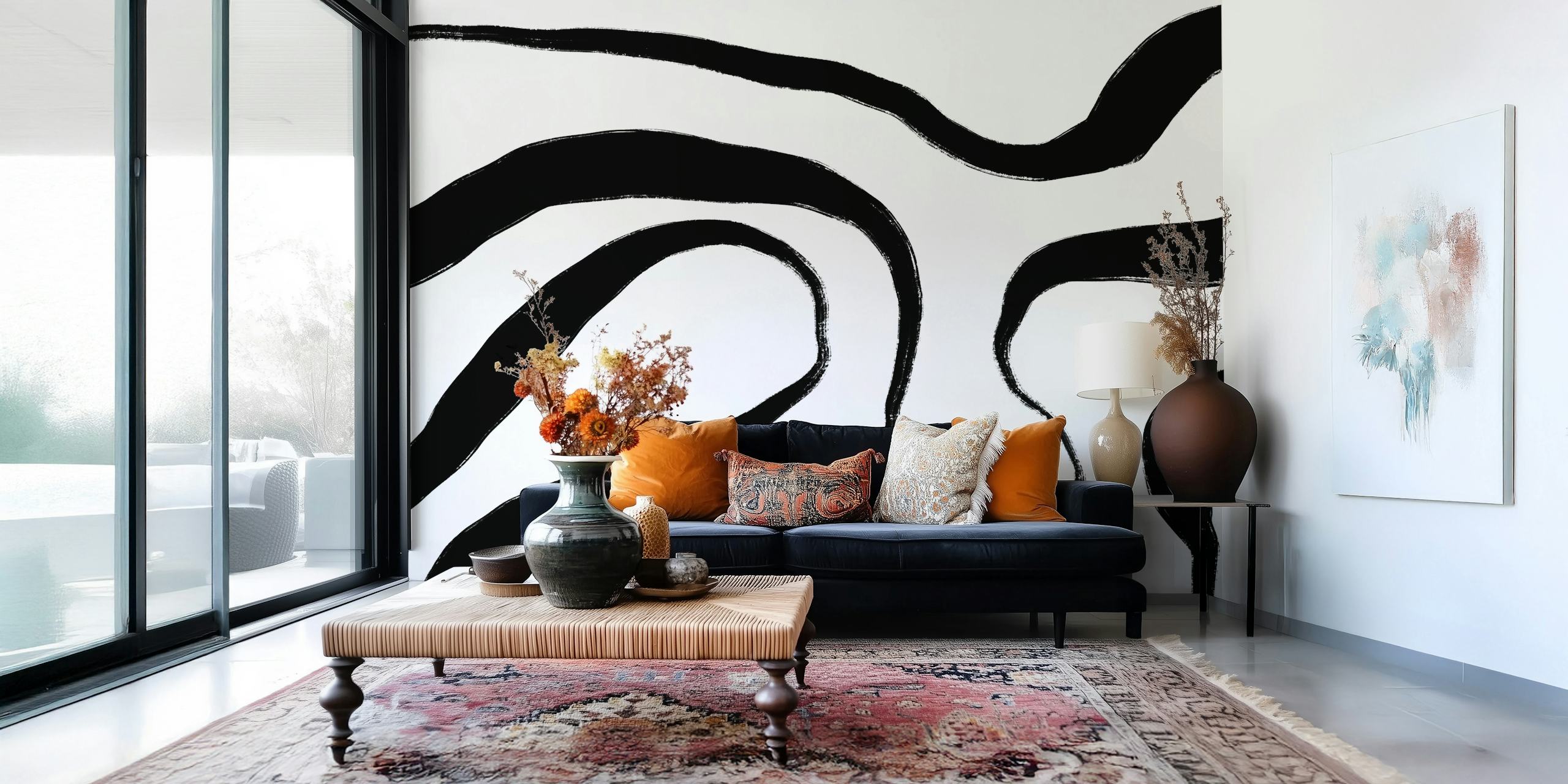 Abstract black and white fluid lines wall mural