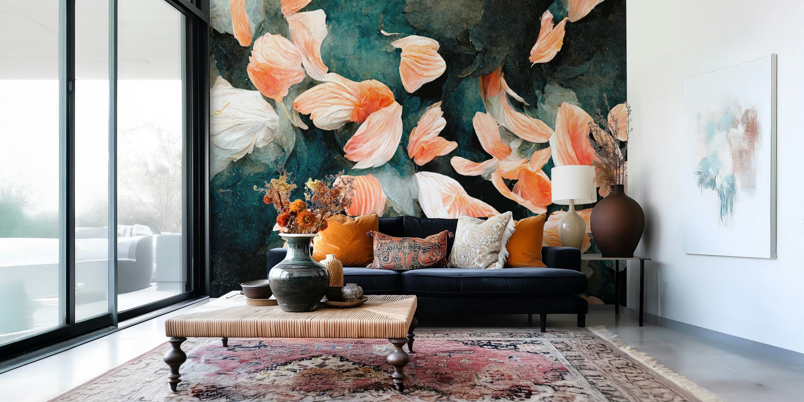 Salmon floral petals on dark background wallpaper