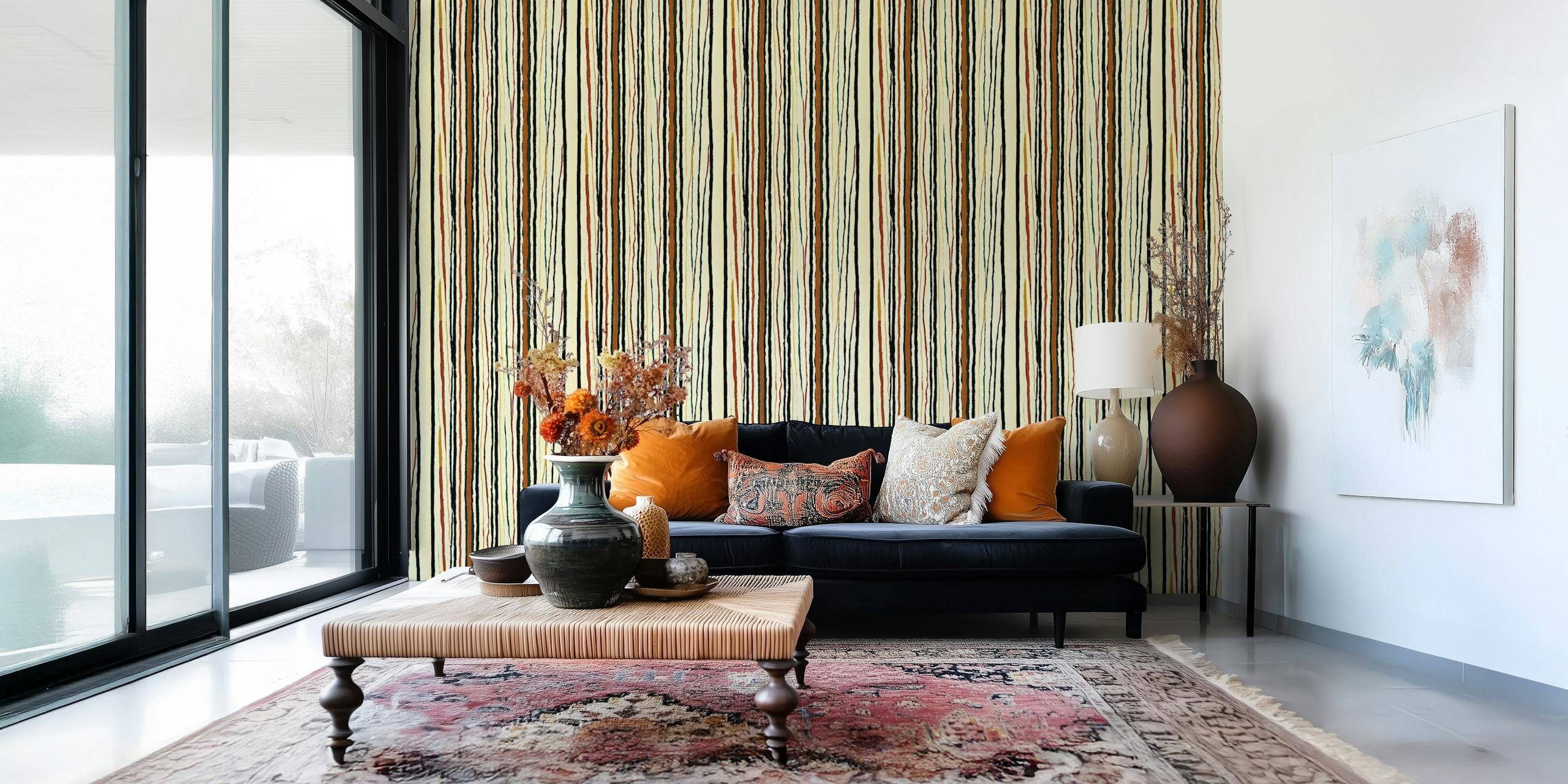 Colorful striped pattern in shades of cream, brown, and orange wallpaper