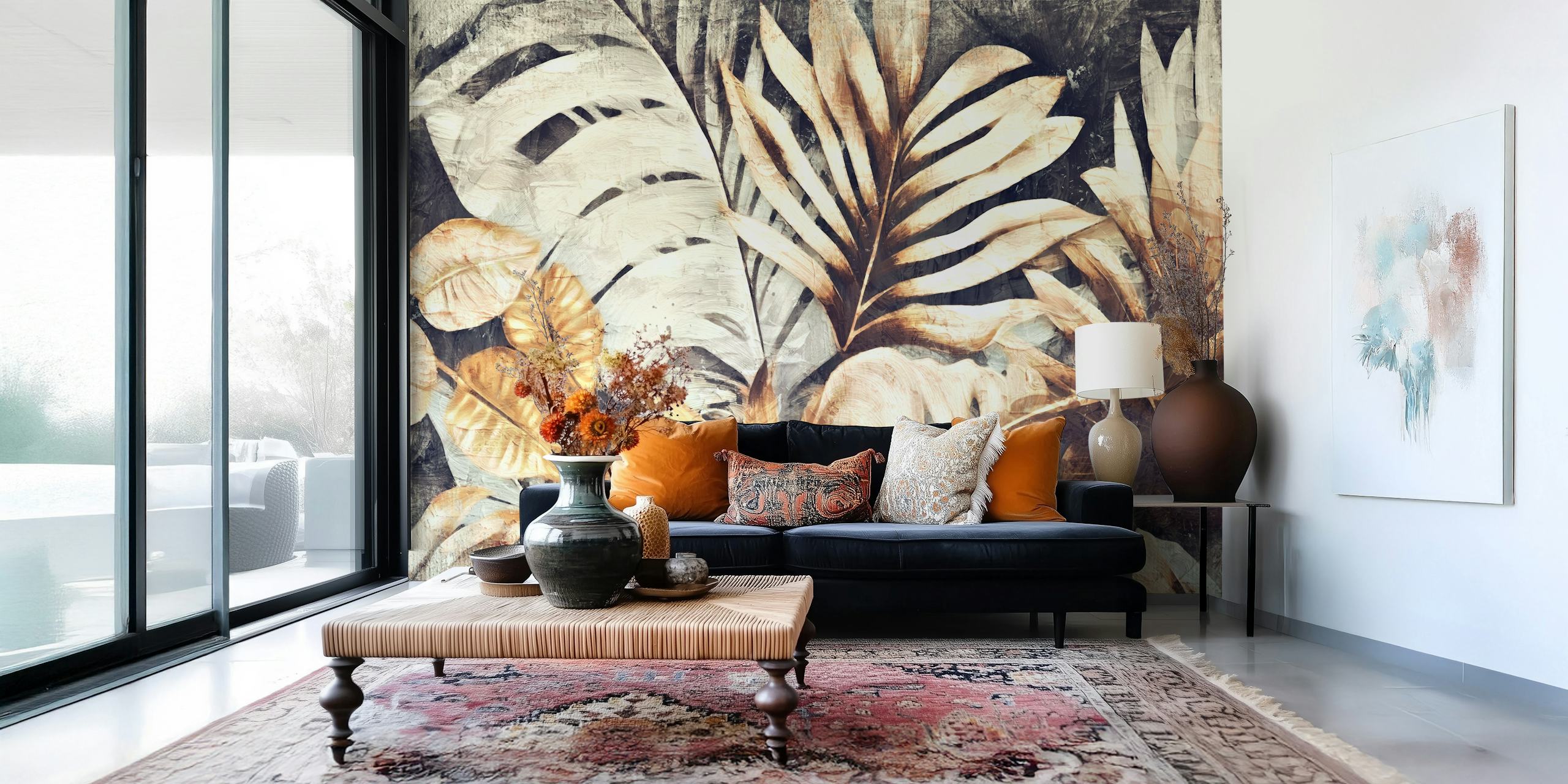Sepia-toned tropical leaf pattern wall mural