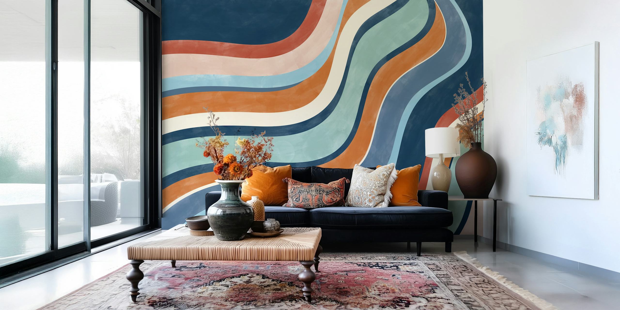 Colorful retro wave pattern in blue, orange, and cream wallpaper