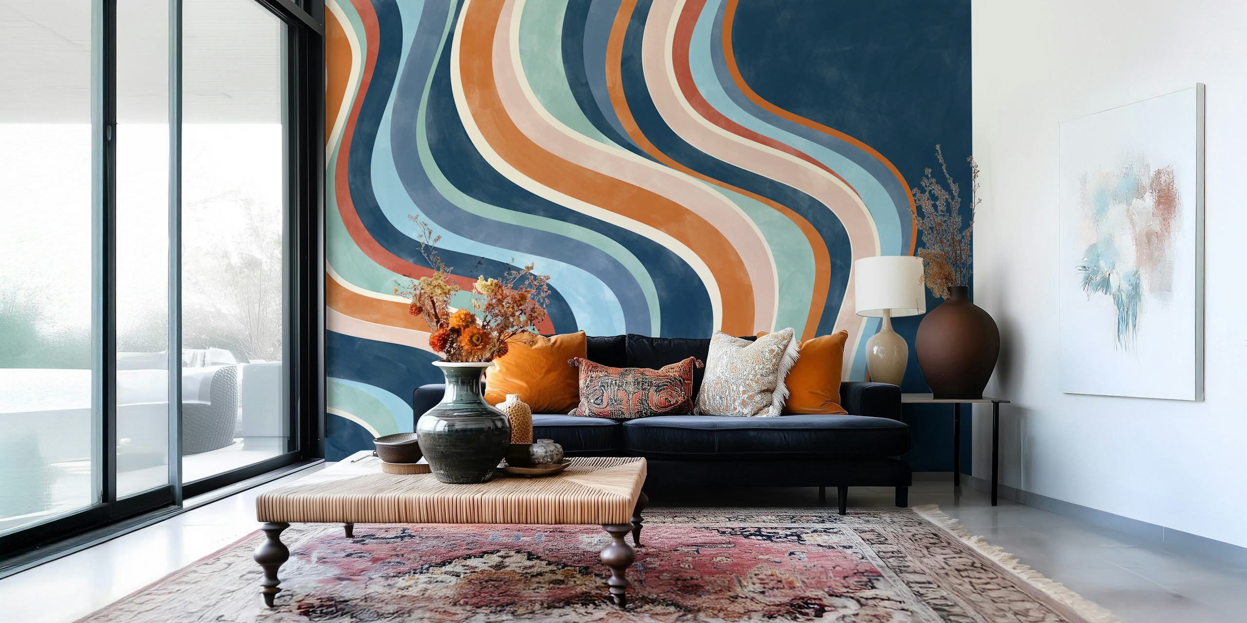 Abstract curving lines in shades of blue, orange, and rust on a dark background wall mural