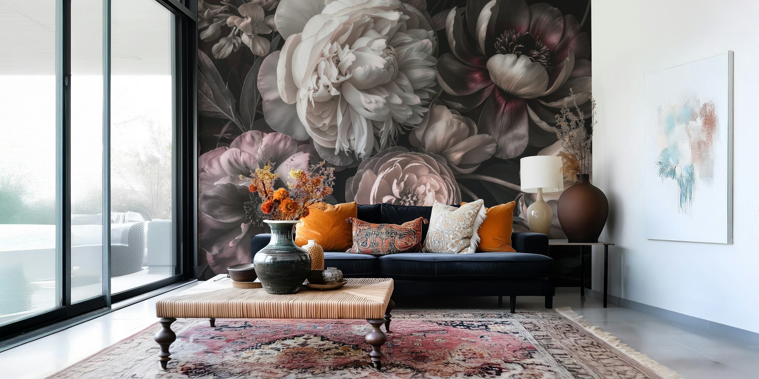 Dark moody baroque blooms wallpaper in a room