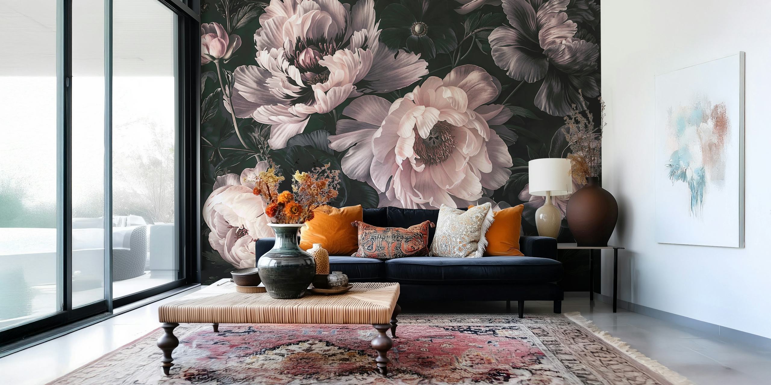 Dark moody floral papel tapiz en una habitación