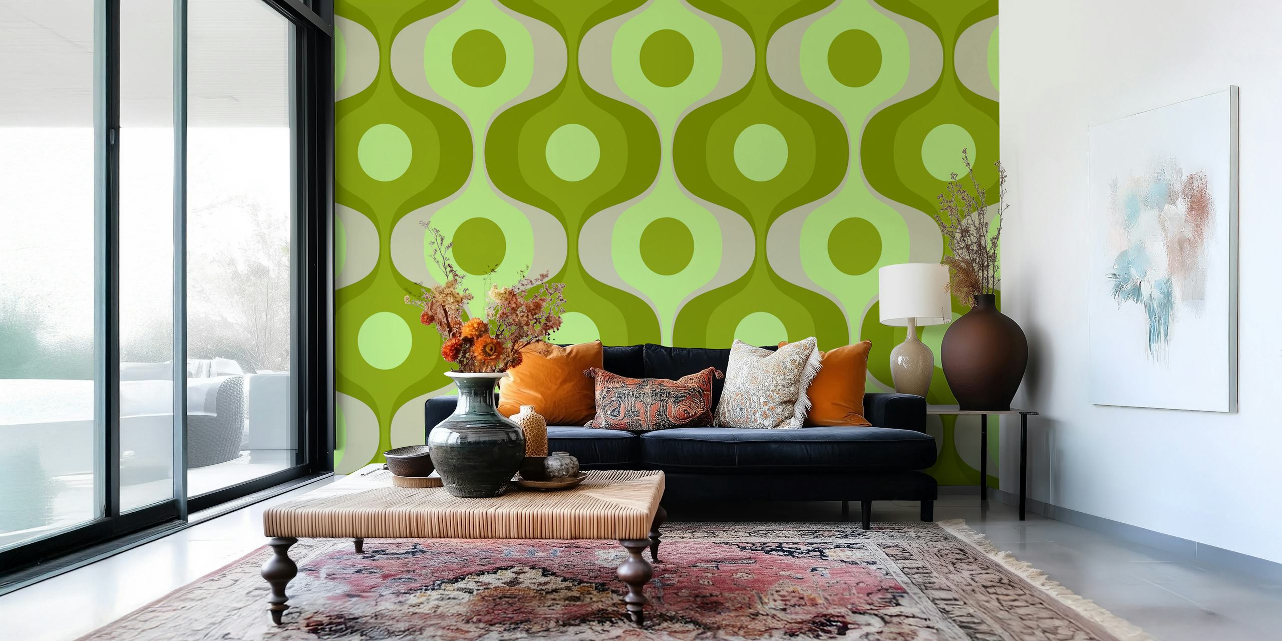Green geometric pattern wallpaper with retro style elements