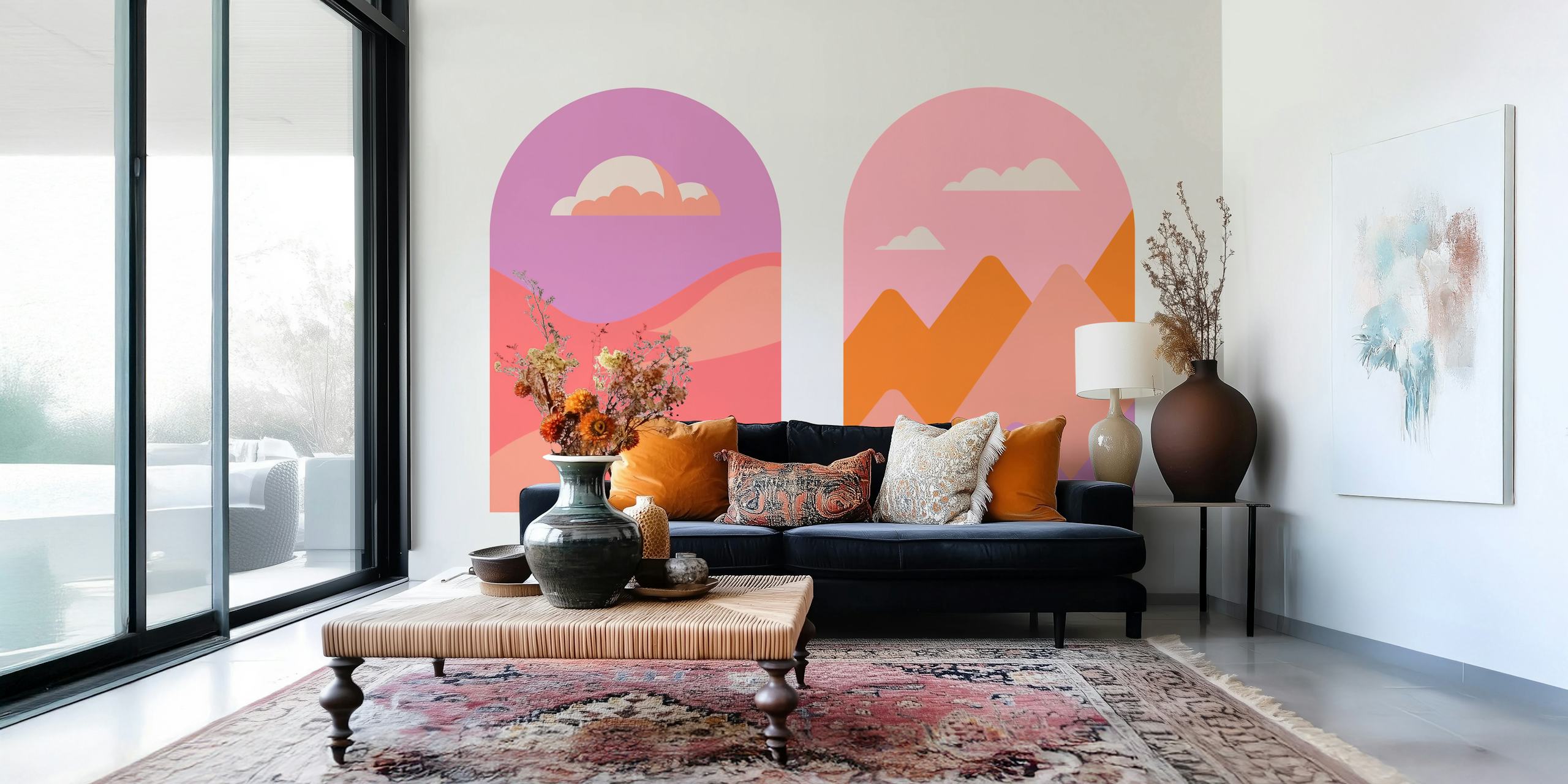 Boho landschap behang in een gezellige kamer