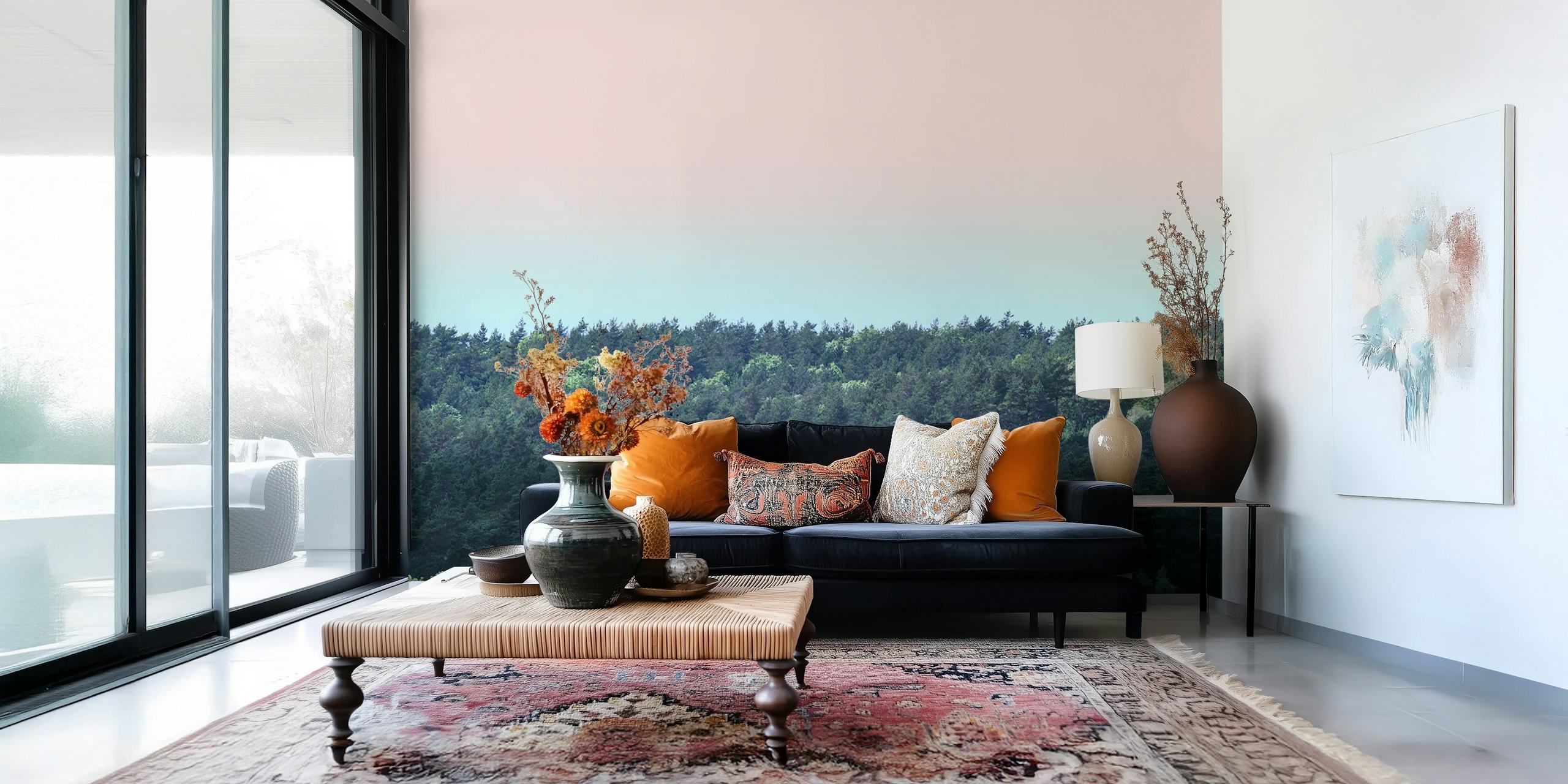 Trees tops at dusk wallpaper in a room