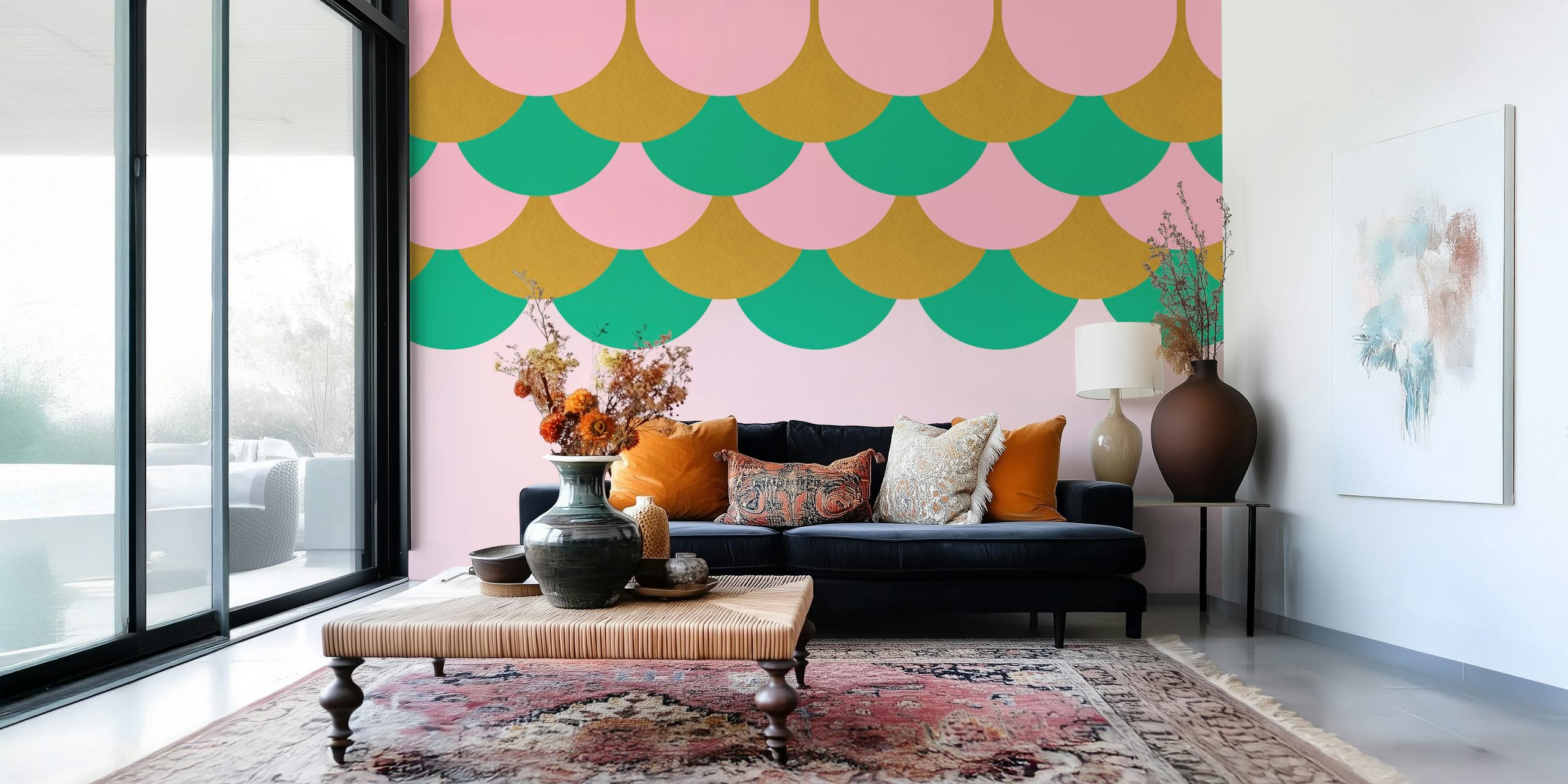 Green and pink Art Deco wallpaper design
