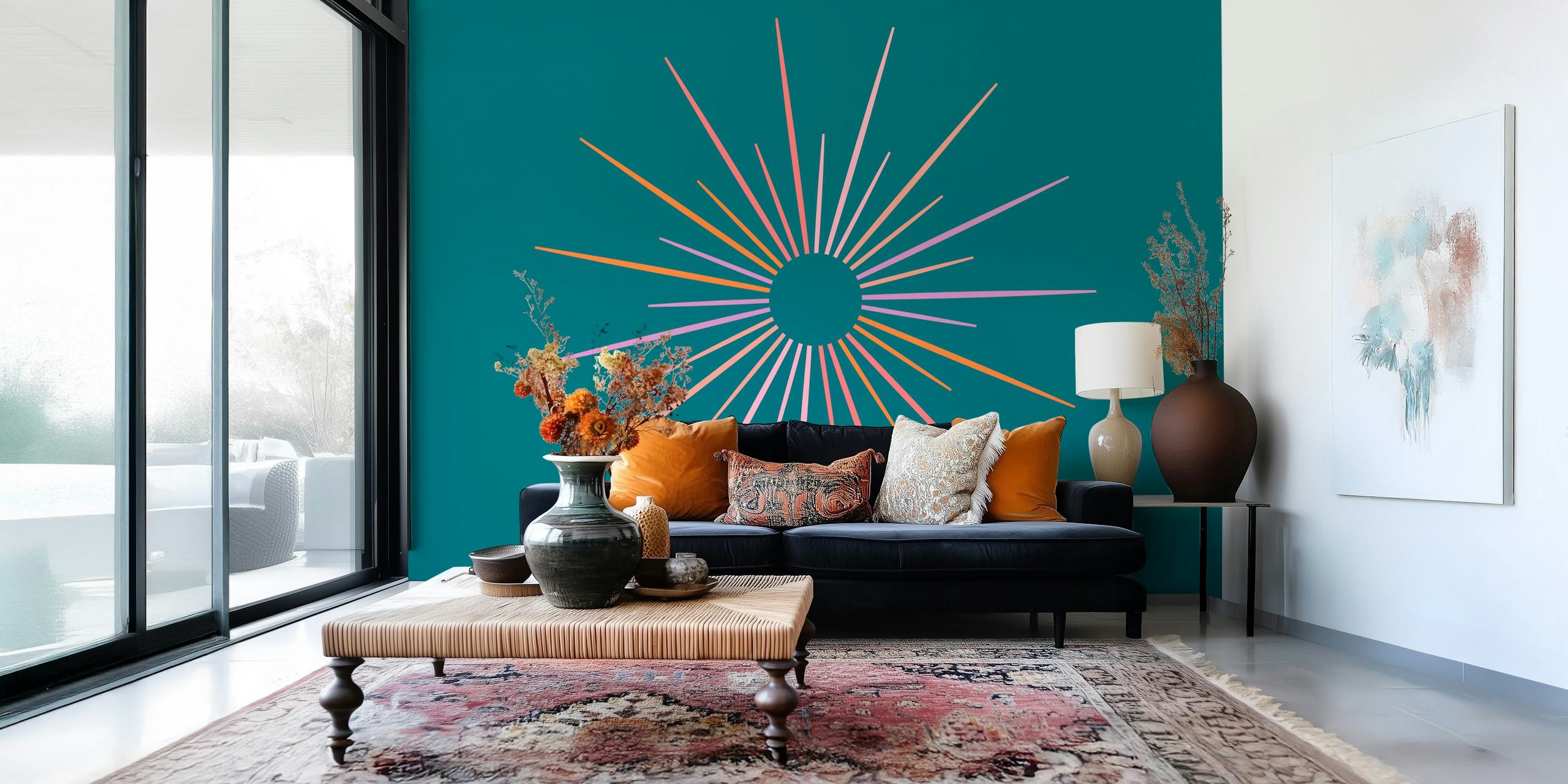 Retro-inspired sunburst wall mural in warm and cool hues