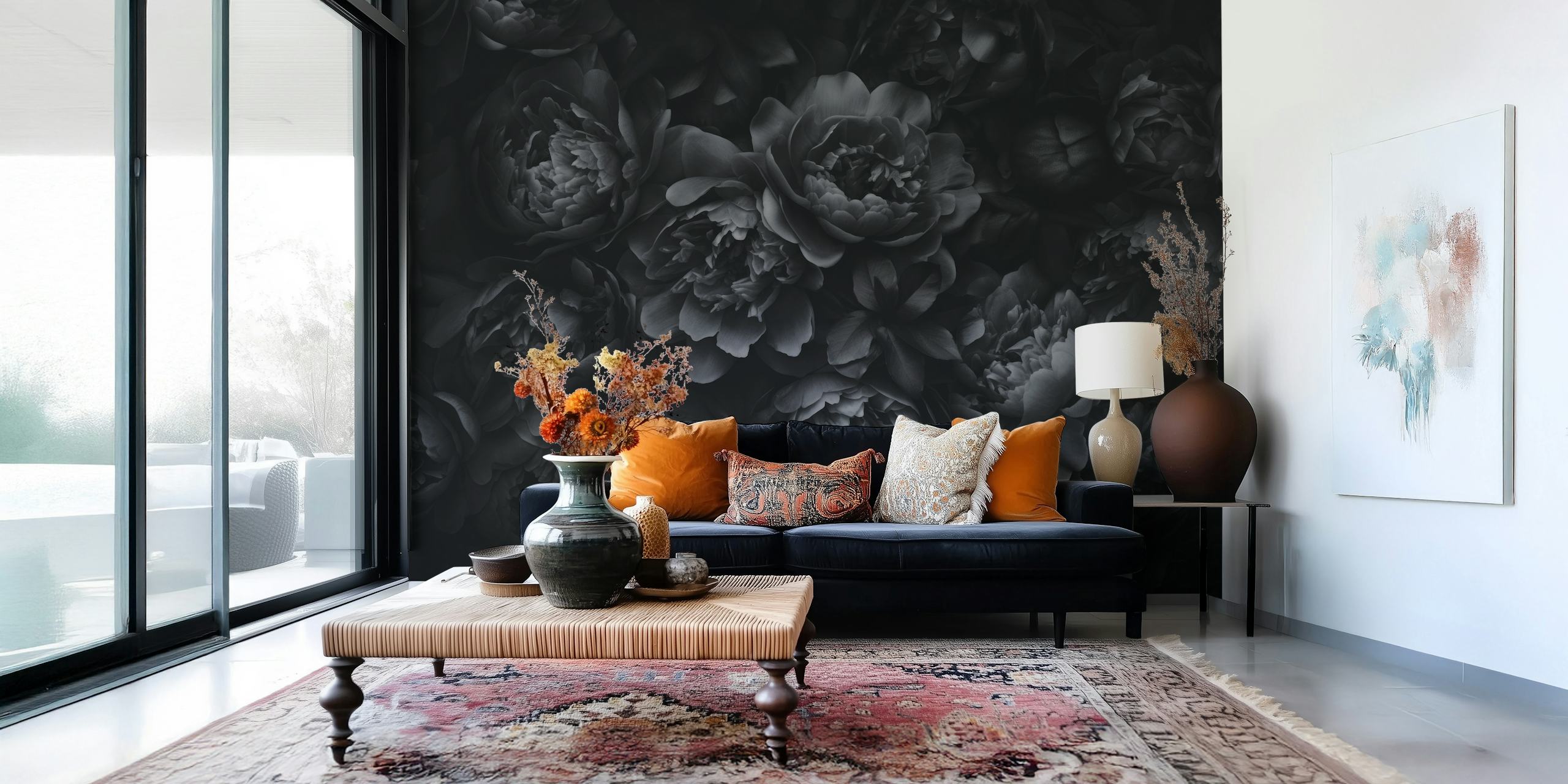 Opulent Flowers Black Grey tapeta v pokoji