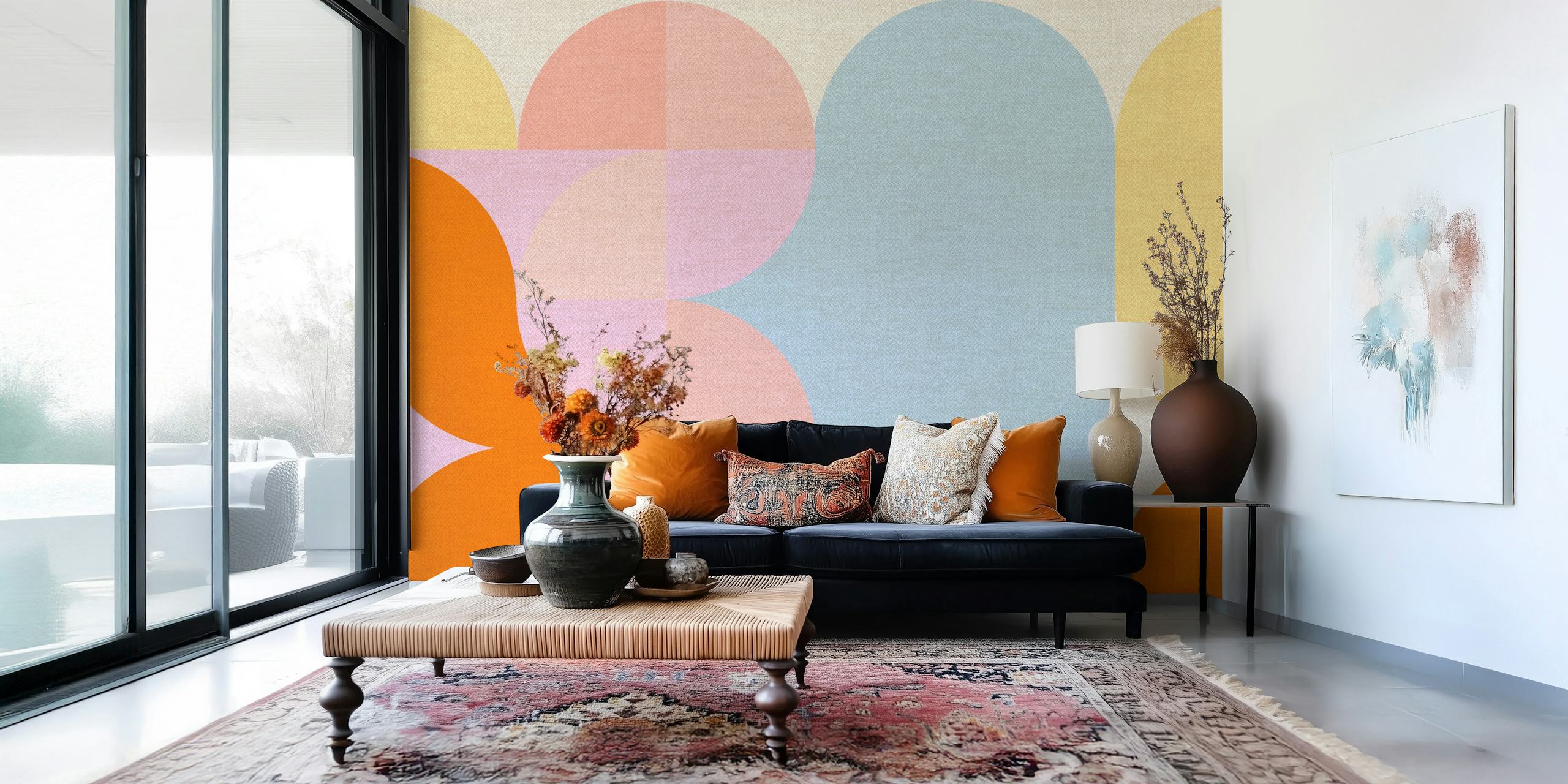 Pastel geometric shapes in orange, pink, and blue wallpaper