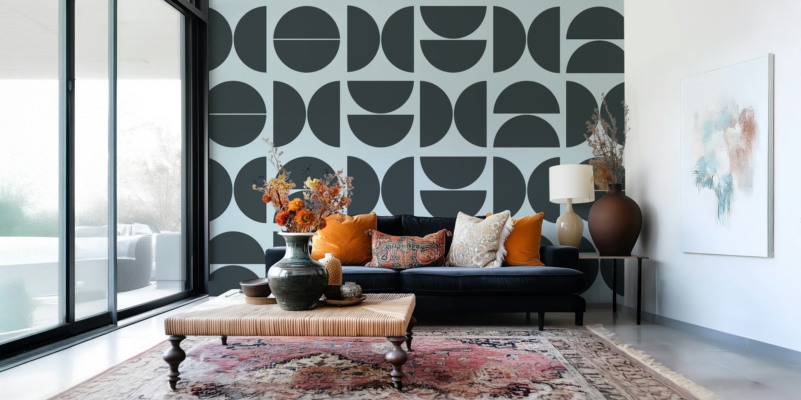 Black geometric pattern with circular and semi-circular shapes wallpaper