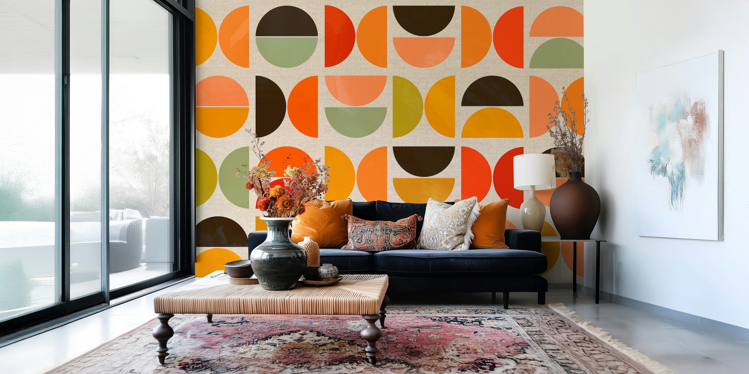 Colorful geometric shapes in warm tones on beige wallpaper