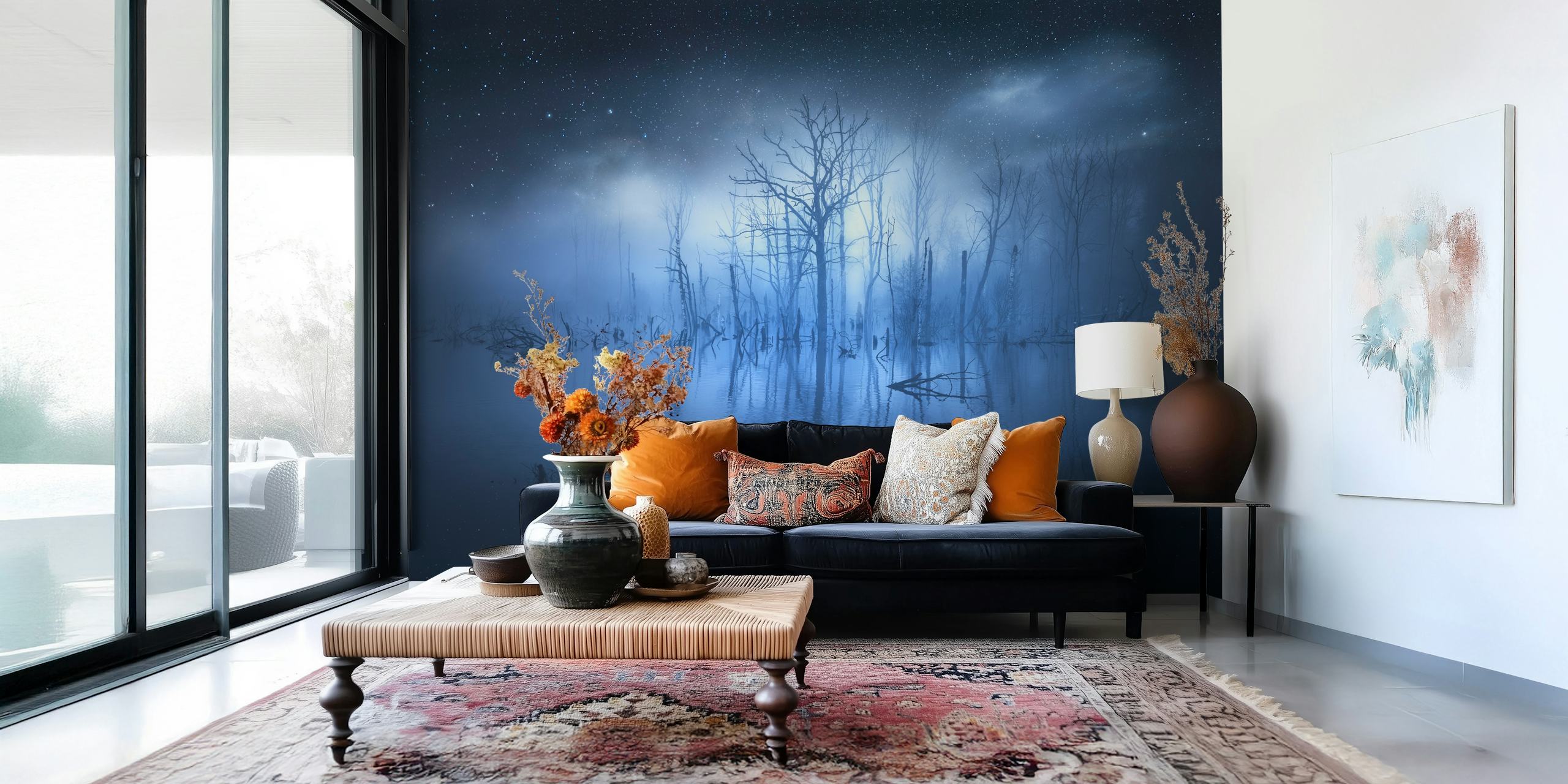 Misty lake scene with dark trees and blue mist wallpaper