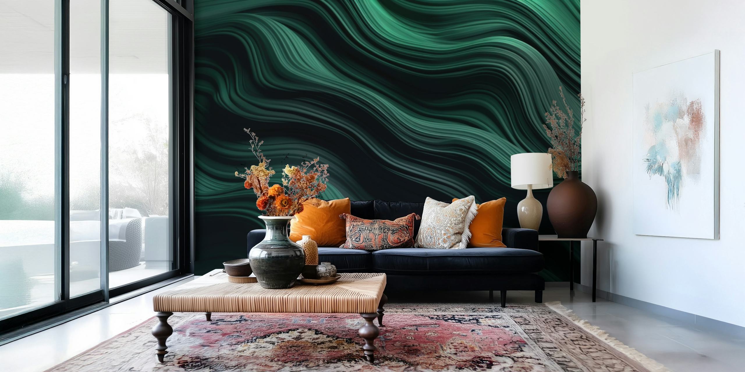 Emerald Green Waters Ethereal Waves wallpaper in a room