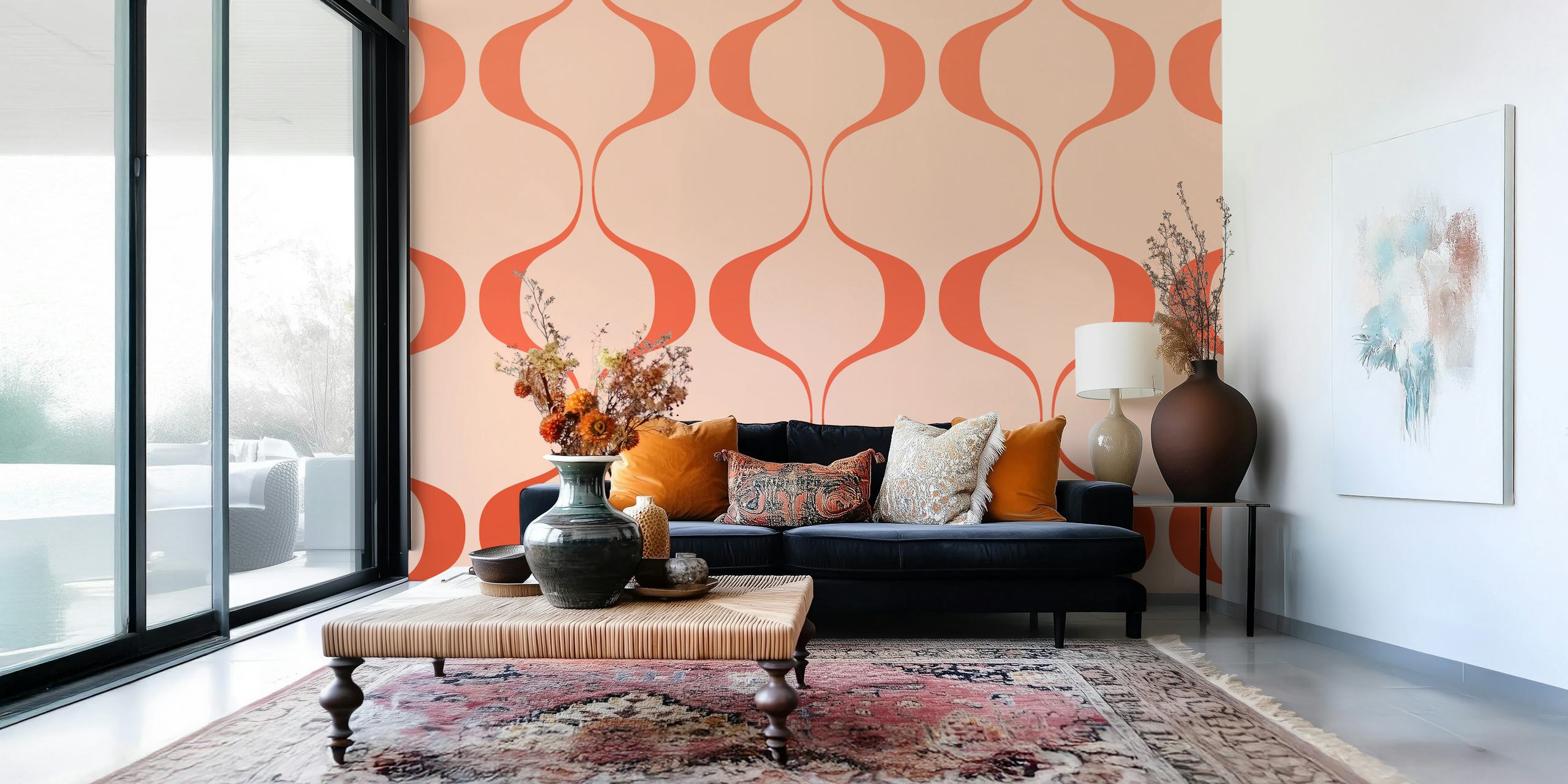 Papel de parede Pastel Retro Abstract Geo Waves em um quarto