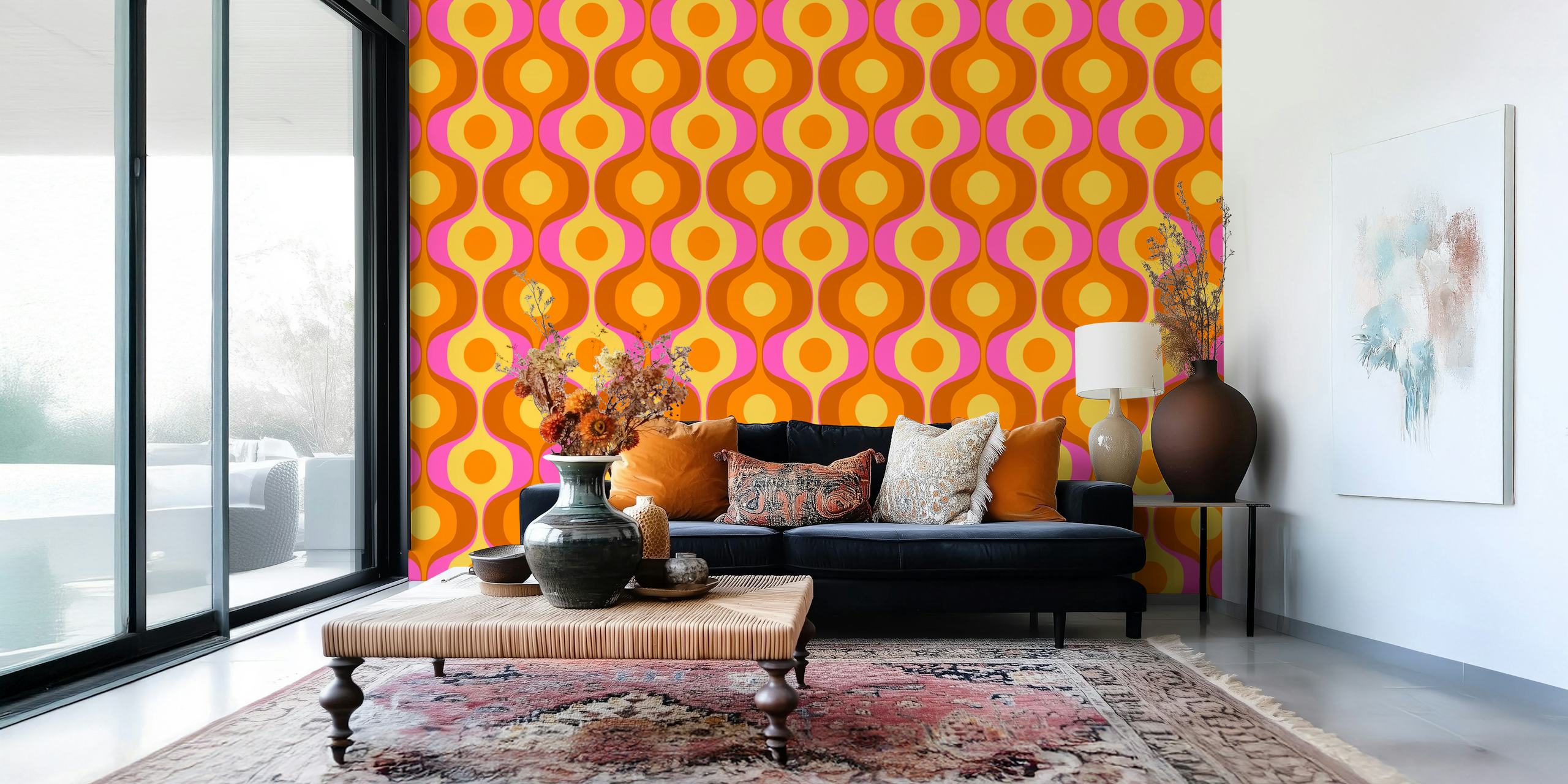 Yellow mid-century curvy flow wallpaper design
