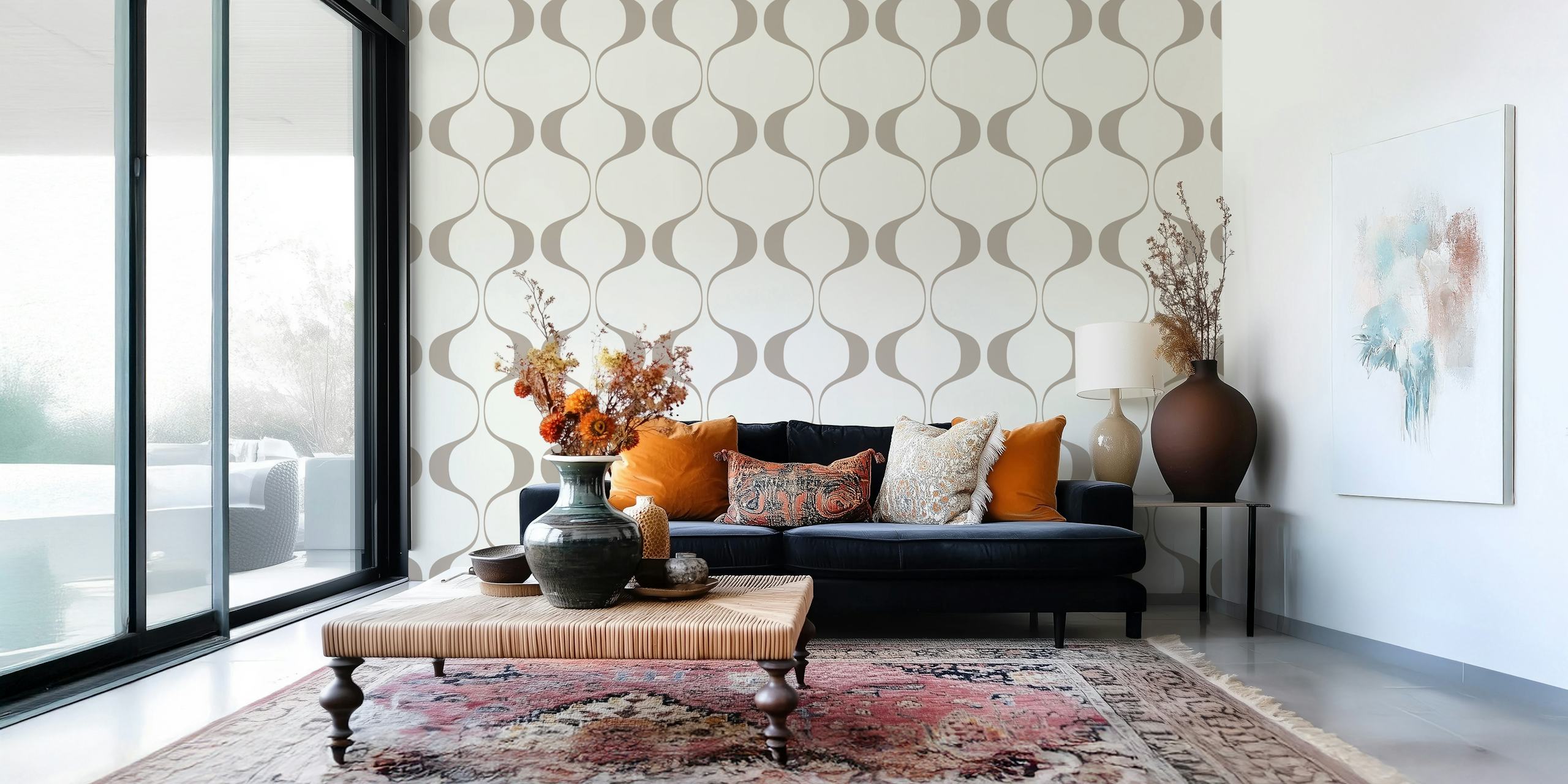 Creme Retro Abstract Geo Waves tapetti huoneessa
