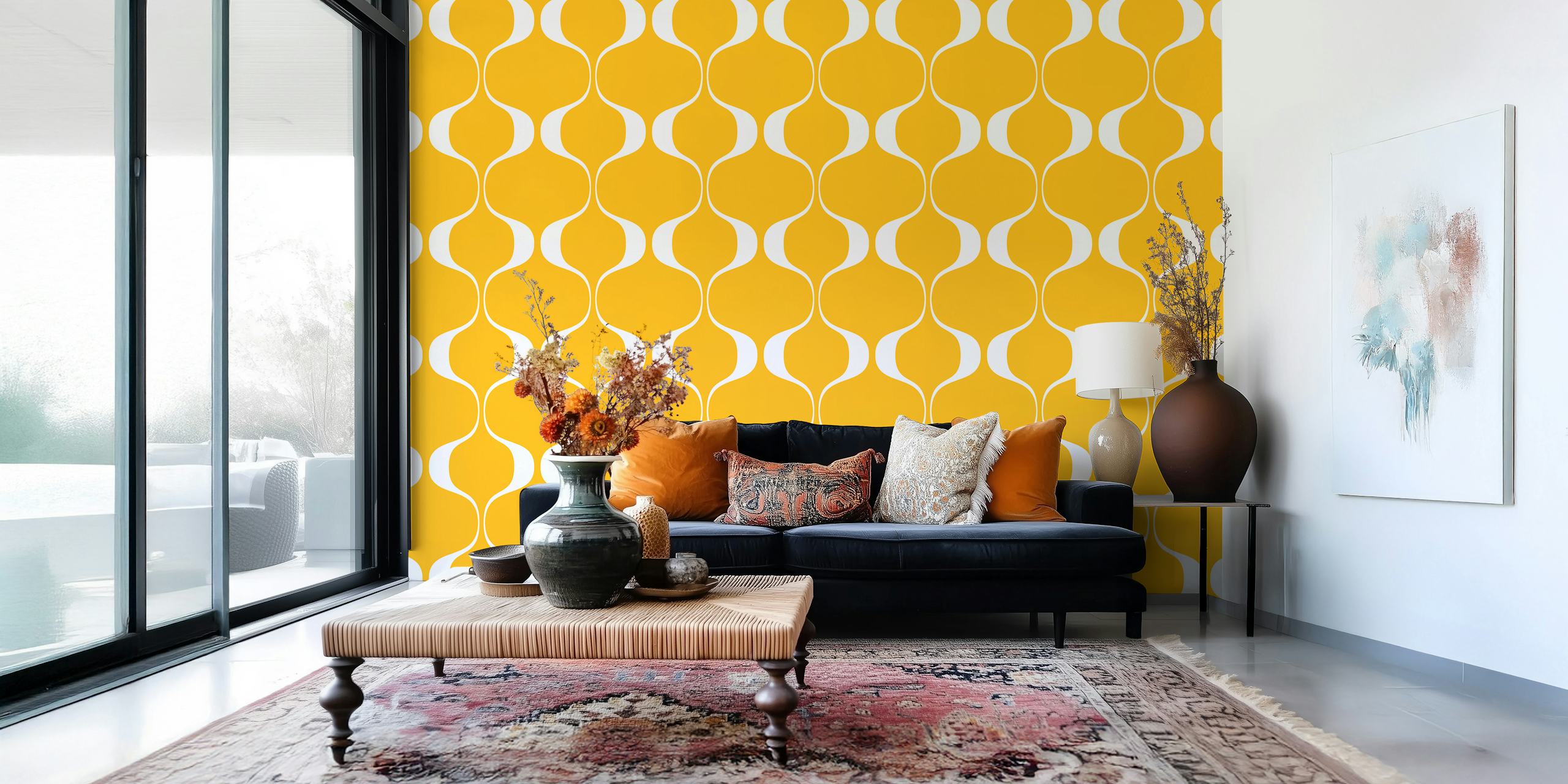 Mustard retro geometric waves pattern wallpaper