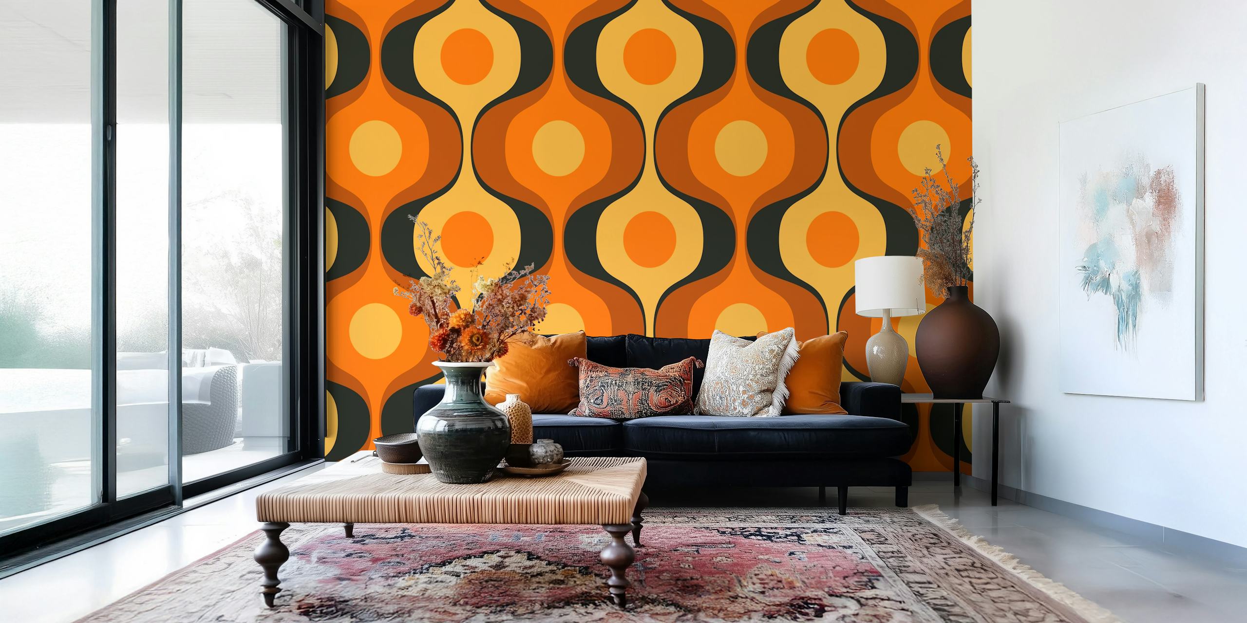 Geometric wave pattern in orange, black, and cream colors wallpaper