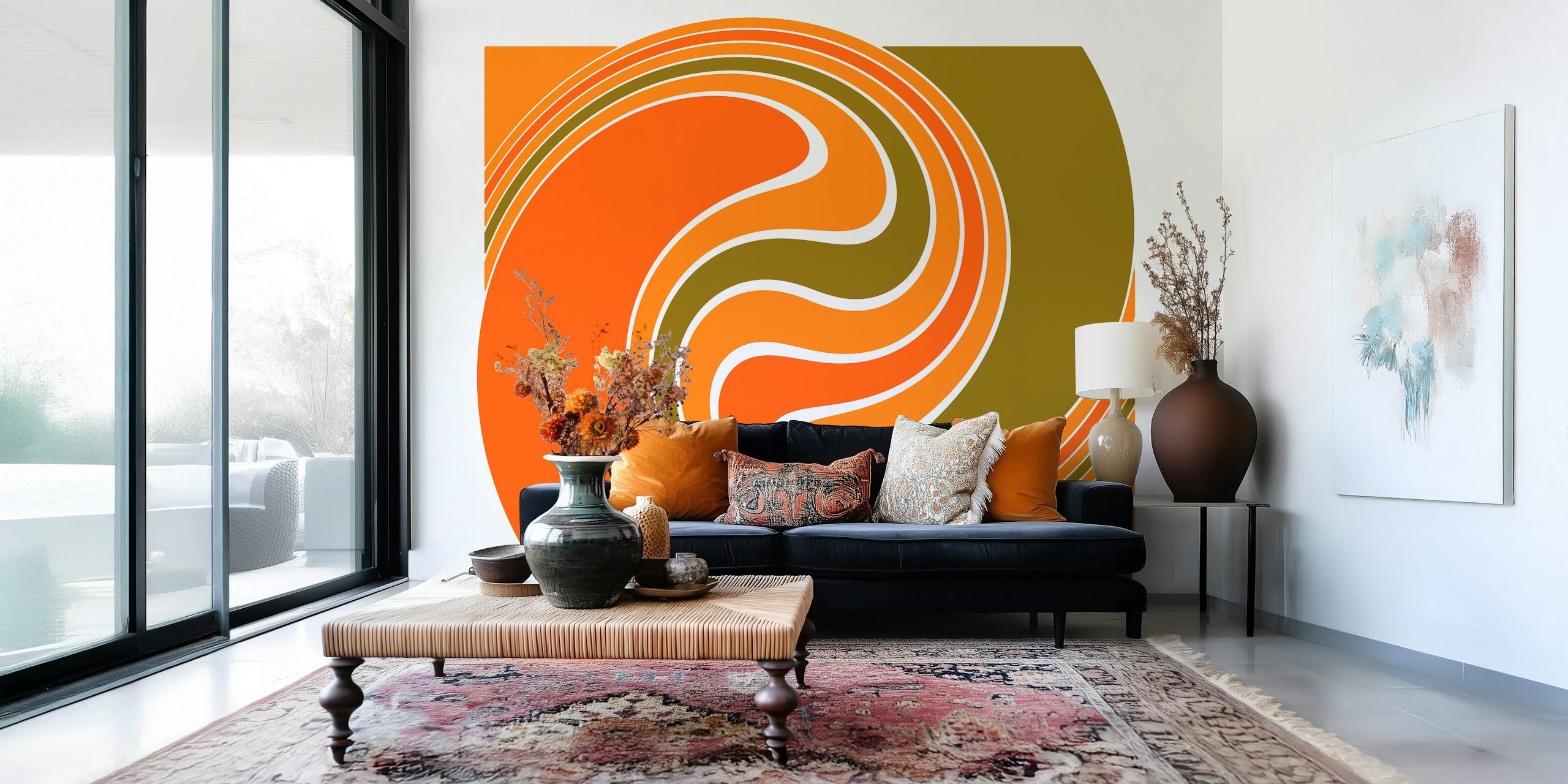 Retro geometric wave pattern in orange, green, and white wallpaper