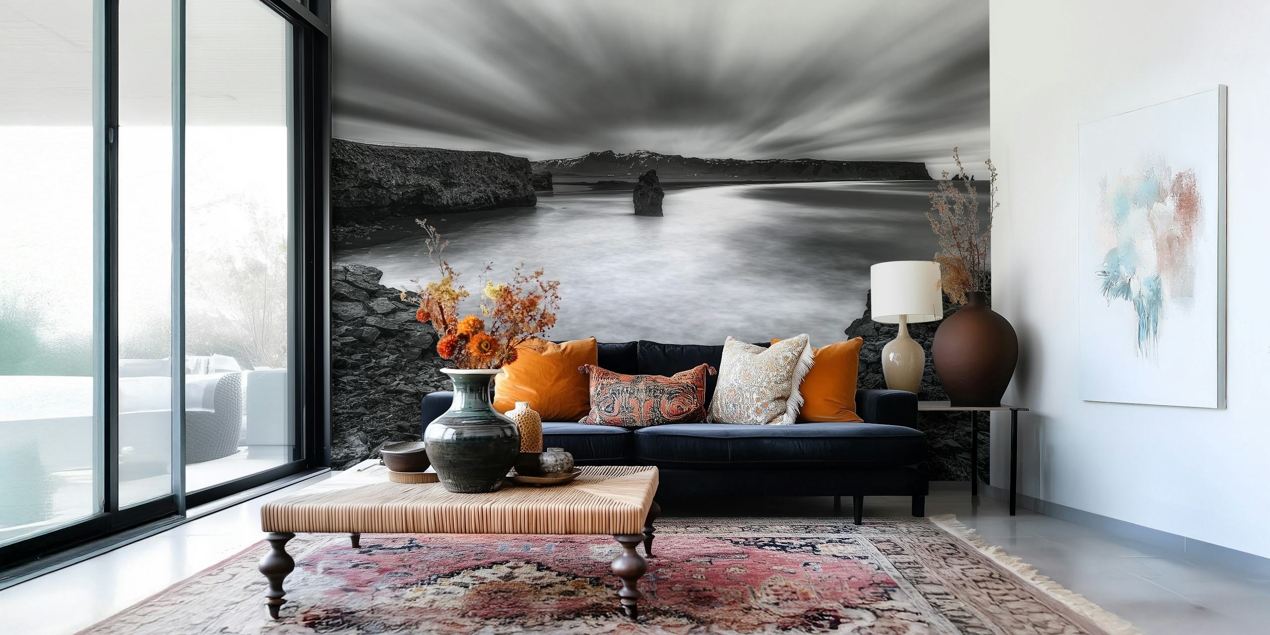 Black and white coastal landscape with rocky shore wallpaper