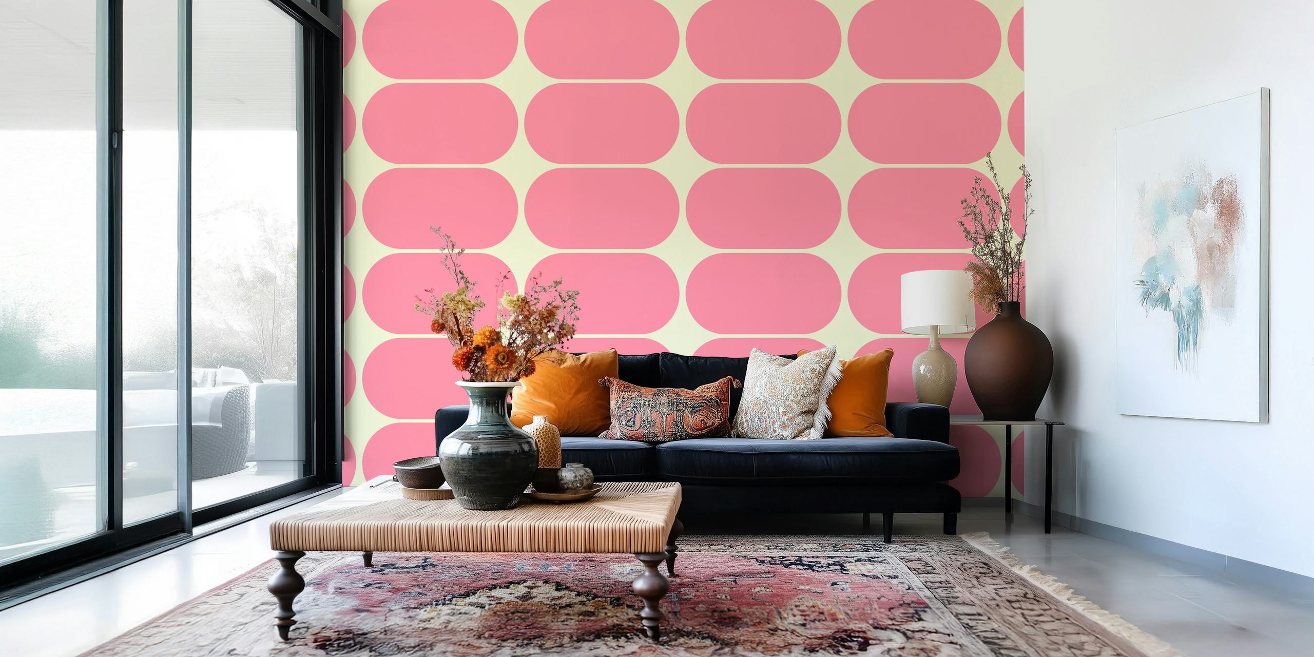 Geometric pebble shapes in pink and cream wallpaper