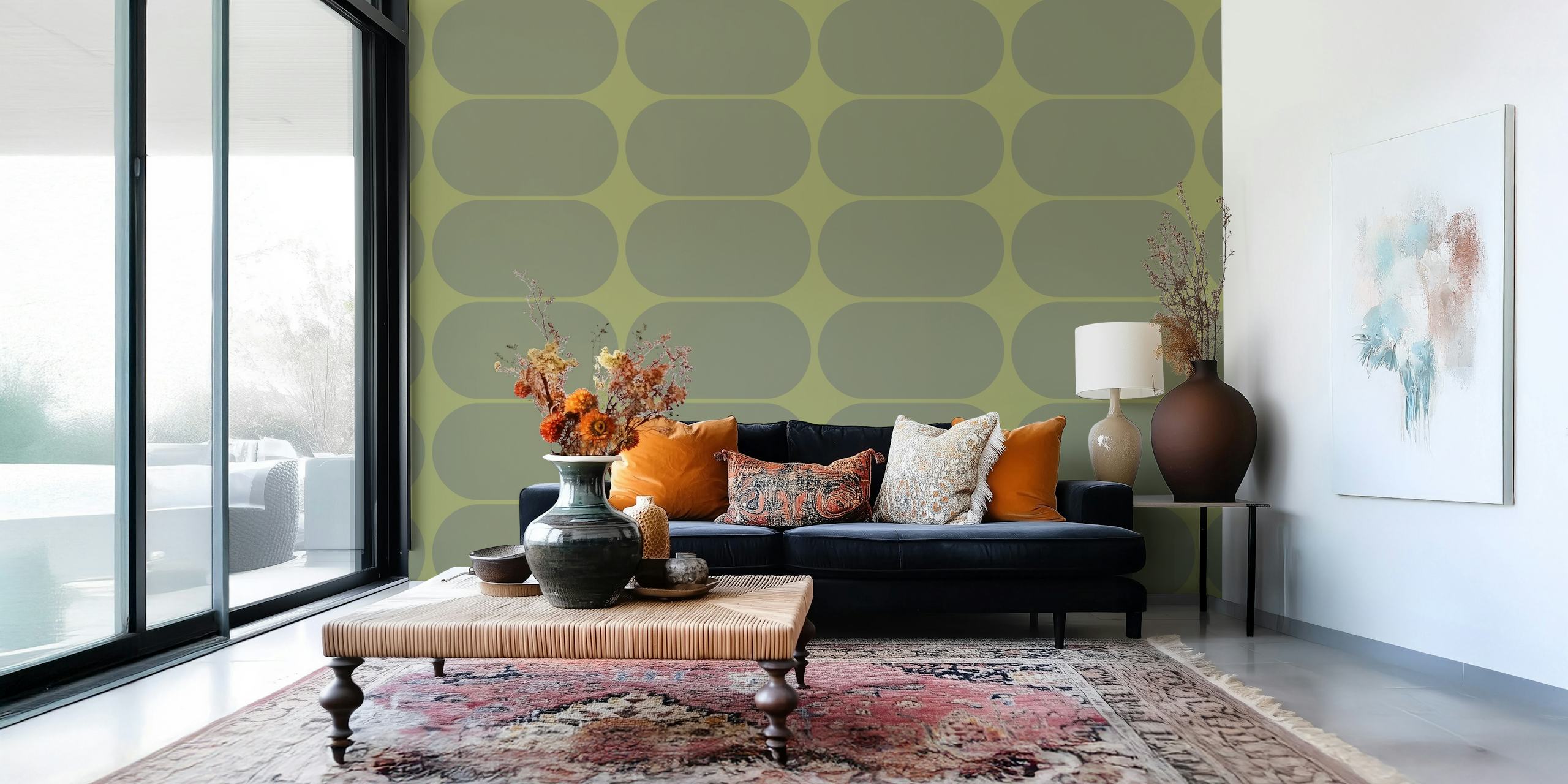 Green geometric pattern with oval shapes wallpaper