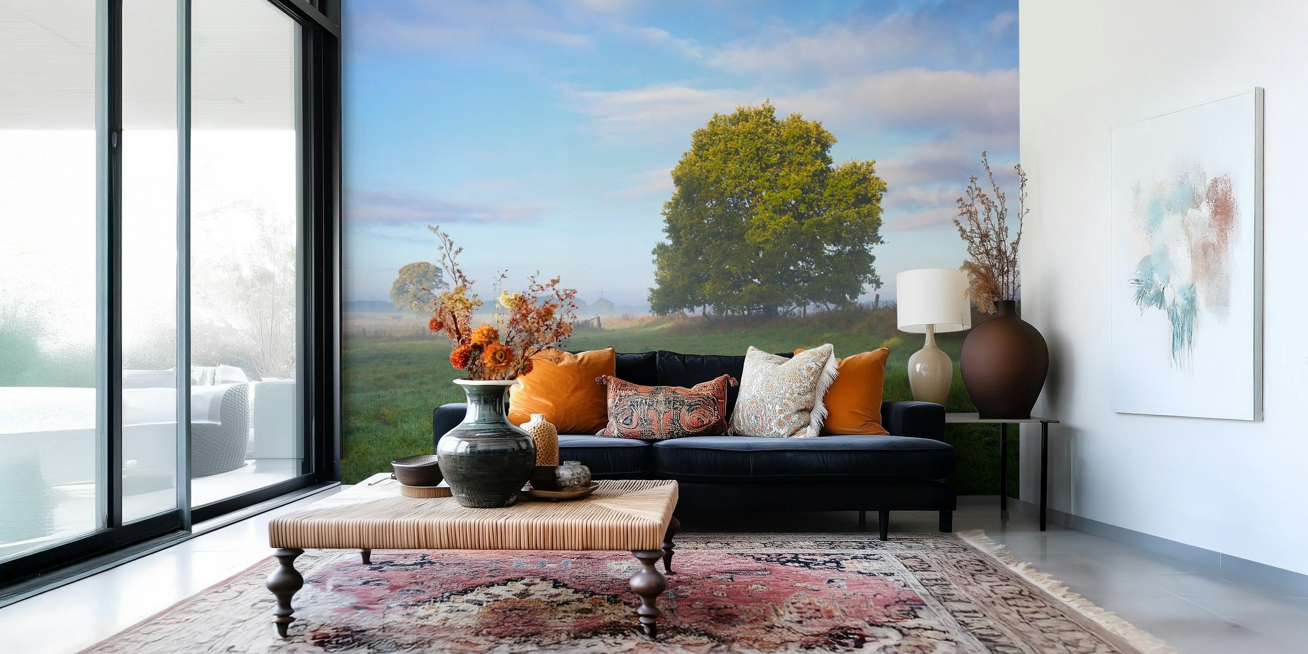 Rural idyllic landscape wallpaper in a room
