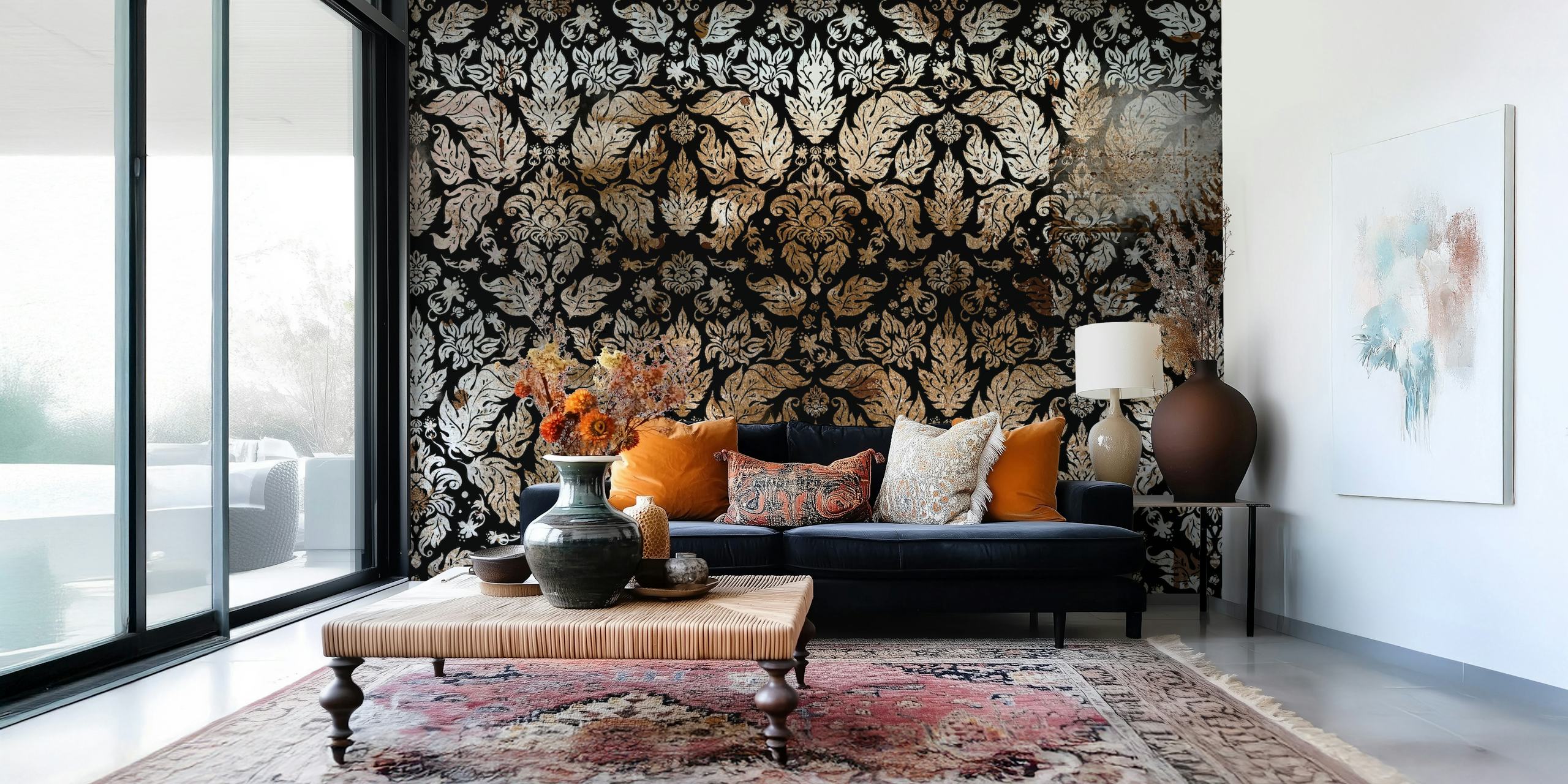 Damask luxury monochrome wallpaper in a room