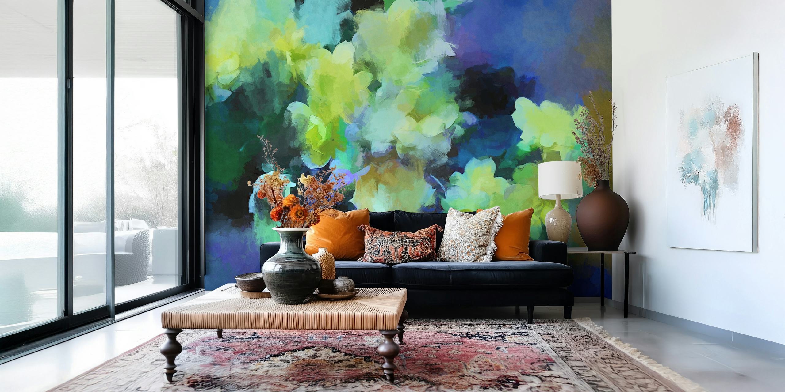Abstract floral design in vibrant yellow and blue colors wallpaper
