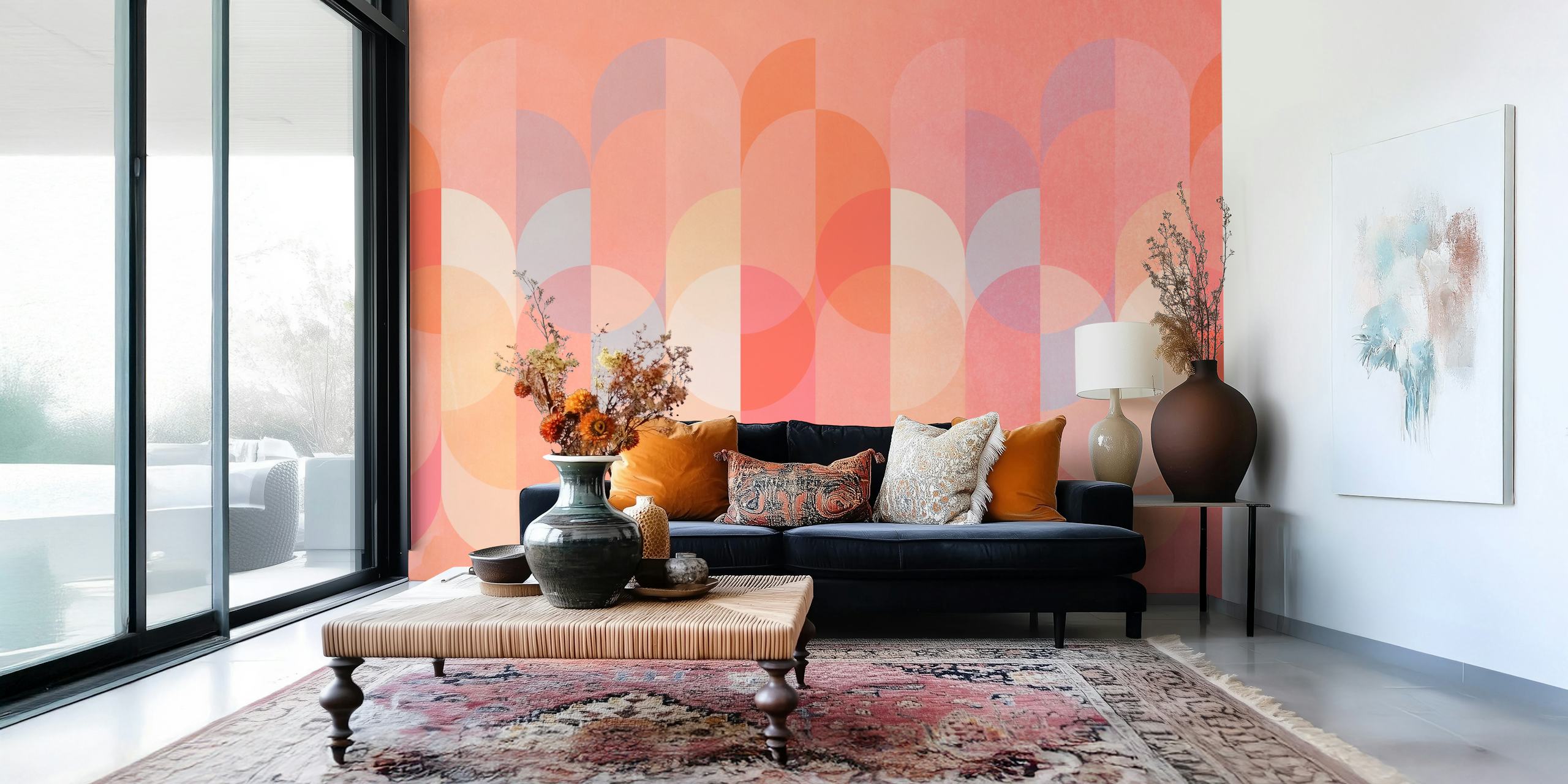 Vivid Peach Mid Century Watercolor Geometry u sobi